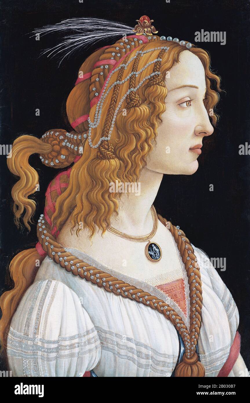 Alessandro di Mariano di Vanni Filipepi, detto Sandro Botticelli (c. 1445 – 17 maggio 1510), è stato un pittore italiano del primo Rinascimento. Apparteneva alla Scuola fiorentina sotto il patrocinio di Lorenzo de' Medici, un movimento che Giorgio Vasari avrebbe caratterizzato meno di cento anni dopo nella sua vita di Botticellias come 'età d'oro'. La reputazione postuma di Botticelli subì fino alla fine del 19th secolo; da allora la sua opera fu vista rappresentare la grazia lineare della pittura del primo Rinascimento. Simonetta Vespucci (Nea Cattaneo; ca. 1453 – 26 aprile 1476), soprannominata la campana Foto Stock