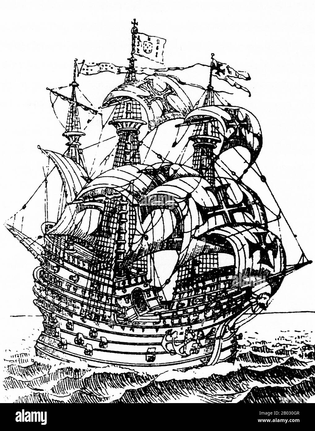 Flor do Mar o Flor de la Mar (fiore del mare), scritto Frol de la Mar in tutte le cronache portoghesi del 16th secolo, era un nau portoghese (carrack) di 400 tonnellate, Che nel corso di nove anni ha partecipato ad eventi decisivi nell'Oceano Indiano fino al suo affondamento nel novembre 1511. Il nobile Afonso de Albuquerque stava tornando dalla conquista di Malacca, portando con sé un grande tesoro per il re portoghese, quando la nave fu perduta al largo della costa di Sumatra. Una replica del Flor do Mar è ospitata nel Museo Marittimo di Malacca (Melaka), Malesia. Foto Stock