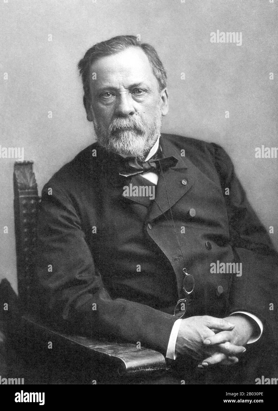 Louis Pasteur (1822–1895) è stato un chimico e microbiologo francese rinomato per le sue scoperte sui principi della vaccinazione, della fermentazione microbica e della pastorizzazione. Ha ridotto la mortalità dalla febbre puerperale, e ha creato i primi vaccini per la rabbia e l'antrace. Le scoperte mediche di Pasteur hanno fornito un sostegno diretto alla teoria germinale della malattia e alla sua applicazione nella medicina clinica. Insieme a Ferdinand Cohn e Robert Koch, è considerato uno dei tre principali fondatori della batteriologia. Foto Stock
