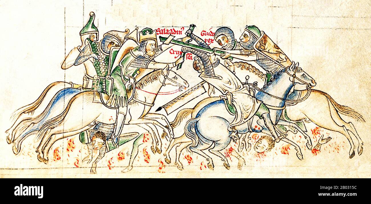 La battaglia di Hattin ebbe luogo il 3 e 4 luglio 1187, tra il regno crociato di Gerusalemme e le forze dell'Ayyubid sultan Salah ad-Din curdo, conosciuto in Occidente come Saladino. È anche conosciuta come la battaglia dei Horns di Hattin, da un vicino vulcano estinto. Gli eserciti musulmani sotto Saladino catturarono o uccisero la stragrande maggioranza delle forze crociate, rimuovendo la loro capacità di fare guerra. Come risultato diretto della battaglia, le forze islamiche sono diventate ancora una volta il potere militare preminente in Terra Santa, riconquistando Gerusalemme e molte altre città detenute dai Crociati. Questi Cristiani Foto Stock