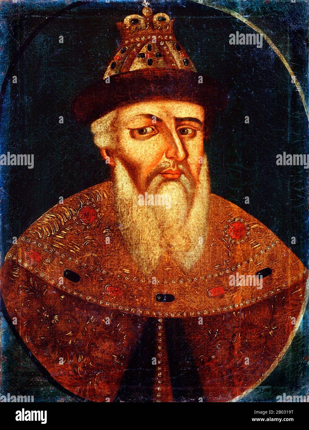 Lo Zar Ivan IV (3 settembre 1530 – 28 marzo 1584), comunemente noto come Ivan Il Terribile, fu il Gran Principe di Mosca dal 1533 al 1547 e lo Zar Di Tutte le Russie dal 1547 fino alla sua morte nel 1584. Il suo lungo regno vide la conquista dei Khanati di Kazan, Astrakhan e Siberia, trasformando la Russia in uno stato multietnico e plurincontinentale di circa 4.046.856 km2. Ivan ha gestito innumerevoli cambiamenti nella progressione da uno stato medievale a un impero e emergente potere regionale, e divenne il primo sovrano ad essere incoronato come Zar Di Tutte le Russie. Foto Stock