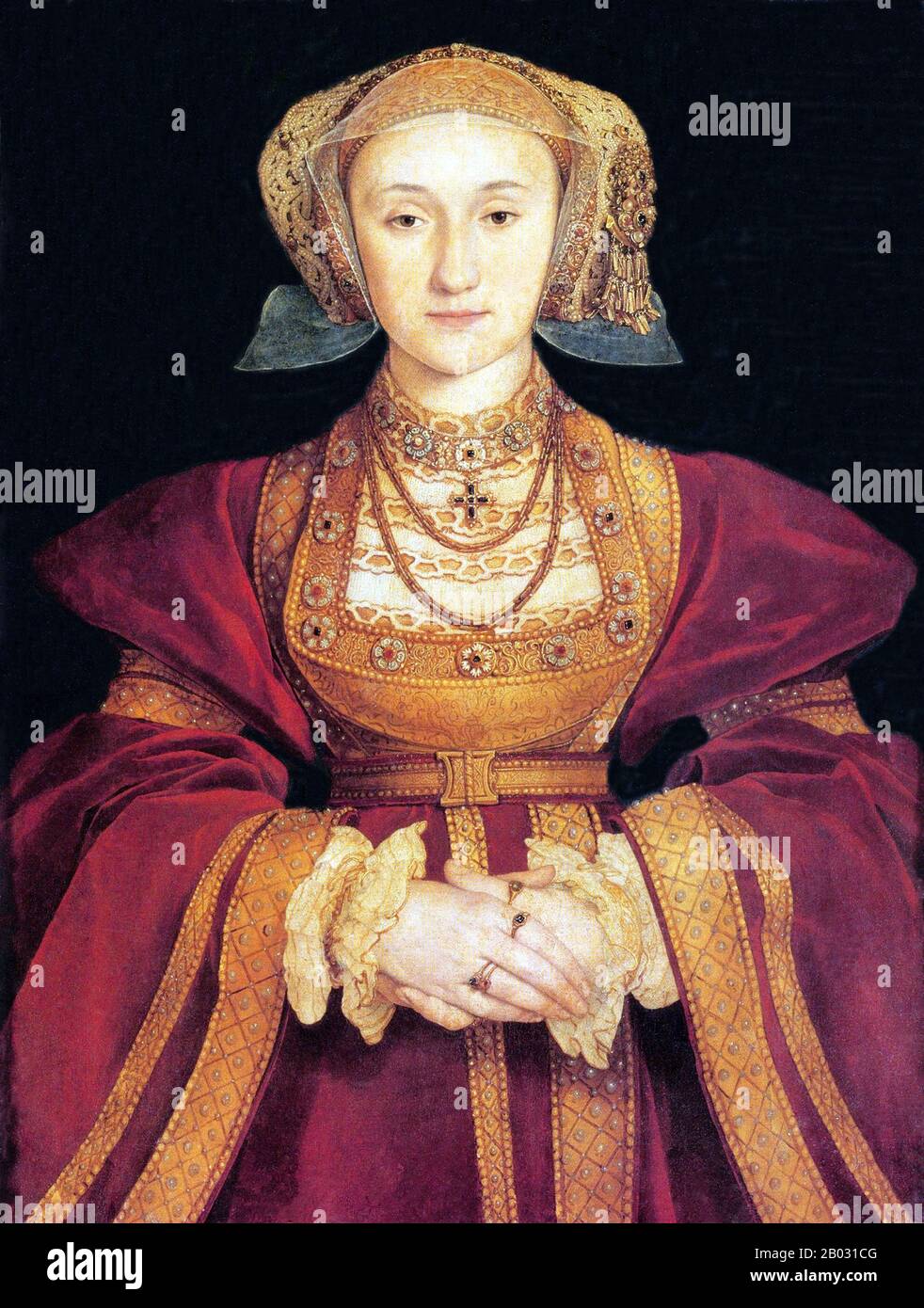 Anna di Cleves (in tedesco Anna; 22 settembre 1515 – 16 luglio 1557) fu Regina d'Inghilterra dal 6 gennaio 1540 al 9 luglio 1540 come quarta moglie del re Enrico VIII Il matrimonio non è mai stato dichiarato consumato e, di conseguenza, non è stata incoronata regina consorte. Dopo l'annullamento del loro matrimonio, Anna fu data al re una generosa soluzione, e successivamente chiamata sorella Amata del re. Visse per vedere l'incoronazione della Regina Maria i, superando il resto delle mogli di Enrico. Foto Stock