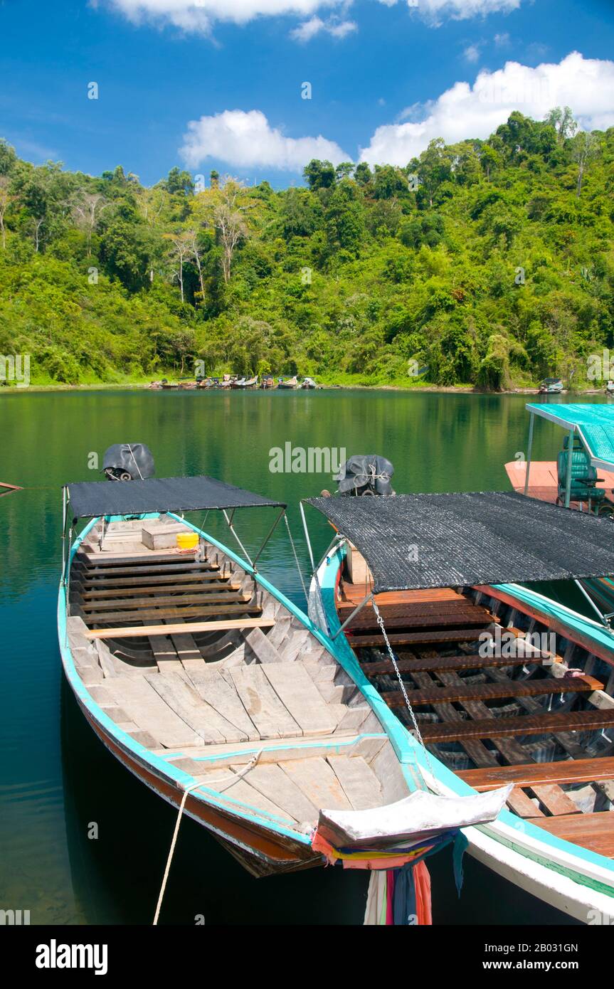 Cheow Lan Lake è stato creato dalla costruzione di Rajjabrapha Dam nel 1982, ed è anche noto come Rajjabrapha Lake. Gli affioramenti carsici isolati dalla terraferma dalle inondazioni si innalzano dalle acque del lago a quasi 1.000 m di altezza, cioè circa tre volte l'altezza di affioramenti carsici simili nella baia di Phang Nga. Gibbons e aquile hanno accesso a queste cime isolate, ma sono inaccessibili a tutti, tranne la più intrepida degli arrampicatori e forniscono un meraviglioso paradiso per la fauna selvatica rara. Il Parco Nazionale di Khao Sok forma il più grande e drammatico tratto di foresta vergine del Sud Foto Stock