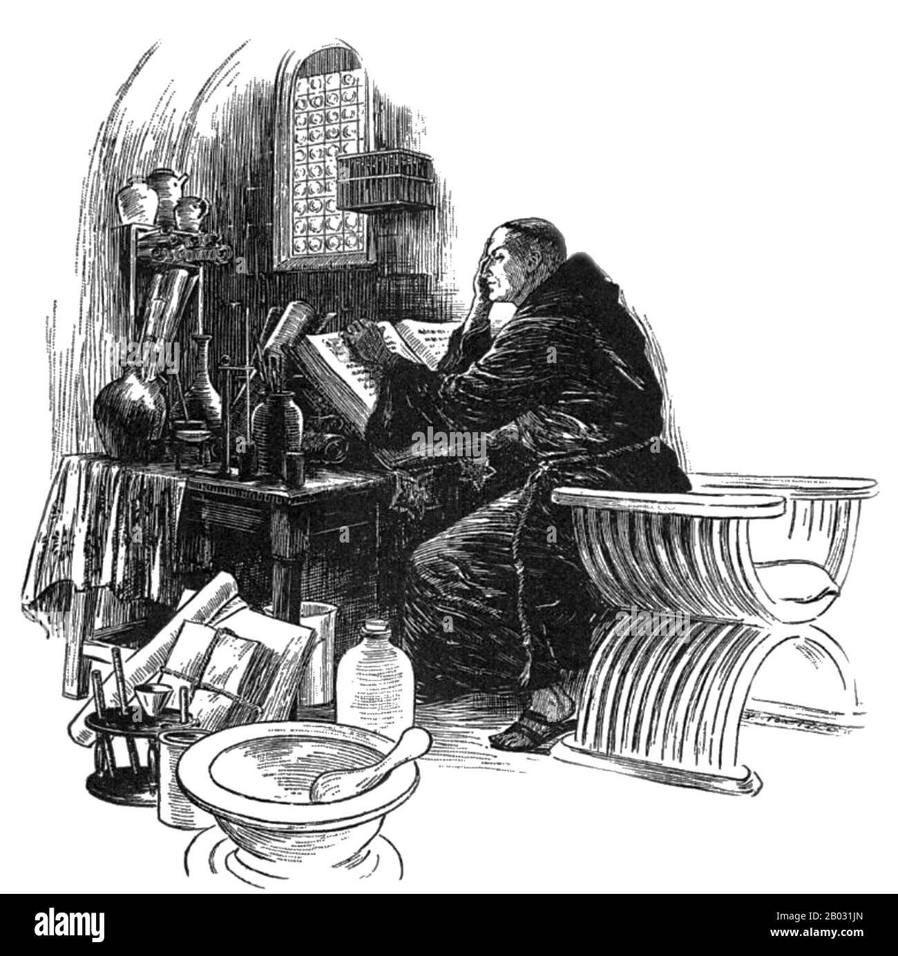 Roger Bacon, OFM (c. 1214 – c. 1292), noto anche dall'accolata scolastica Dottor Mirabilis (latino per "maestro meraviglioso"), è stato un filosofo inglese e frate francescano che ha posto notevole enfasi sullo studio della natura attraverso metodi empirici. A volte viene accreditato (principalmente dal 19th secolo) come uno dei primi sostenitori europei del moderno metodo scientifico ispirato da Aristotele e da studiosi successivi come lo scienziato arabo Alhazen. Il suo lavoro linguistico è stato annunciato per la sua prima esposizione di una grammatica universale. Foto Stock