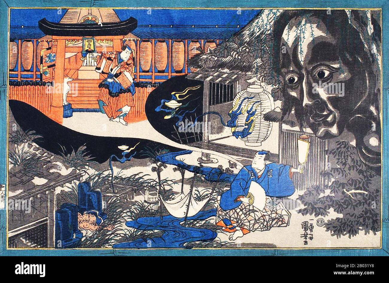 Utagawa Kuniyoshi (1 gennaio 1798 – 14 aprile 1861) è stato uno degli ultimi grandi maestri dello stile ukiyo-e giapponese di stampe e dipinti su blocchi di legno. È associato alla scuola di Utagawa. La gamma di soggetti preferiti di Kuniyoshi comprendeva molti generi: Paesaggi, belle donne, attori Kabuki, gatti e animali mitici. È noto per le rappresentazioni delle battaglie dei samurai e dei leggendari eroi. La sua opera fu influenzata da influenze occidentali nella pittura e nella caricatura del paesaggio. Foto Stock