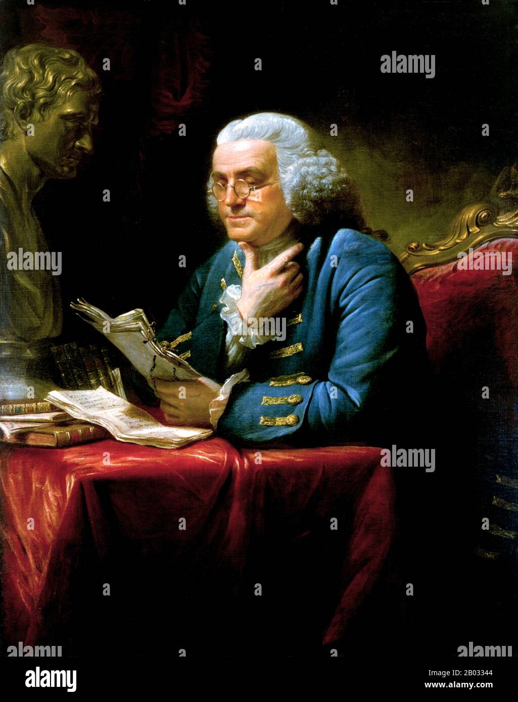 Benjamin Franklin (dal 17 gennaio 1706 al 17 aprile 1790) è stato uno dei padri Fondatori degli Stati Uniti. Un famoso politmath, Franklin è stato un autore, tipografo, teorico politico, politico, freemason, postmaster, scienziato, inventore, attivista civile, statista e diplomatico. Come scienziato, era una figura importante nell'Illuminismo americano e nella storia della fisica per le sue scoperte e teorie sull'elettricità. Come inventore, è conosciuto per il fulmine asta, bifocals e la stufa di Franklin, tra le altre invenzioni. Ha facilitato molte organizzazioni civiche, compreso Ph Foto Stock