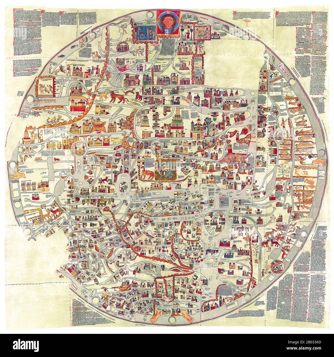 La mappa di Ebstorf è un esempio di mappa mundi (una mappa medievale europea del mondo). Fu fatta da Gervasi di Ebstorf un po' di tempo nel XIII secolo. La mappa è stata trovata in un convento di Ebstorf, nella Germania settentrionale, nel 1843. Era una mappa molto grande, dipinta su 30 pelli cucite insieme e che misurava circa 3,6 per 3,6 metri (12 piedi × 12 piedi) - una versione molto elaborata della comune tripartita medievale, o T e o, mappa, centrata su Gerusalemme con est in cima. Il capo di Cristo è stato raffigurato in cima alla mappa, con le mani su entrambi i lati e i piedi in basso. Roma è repr Foto Stock