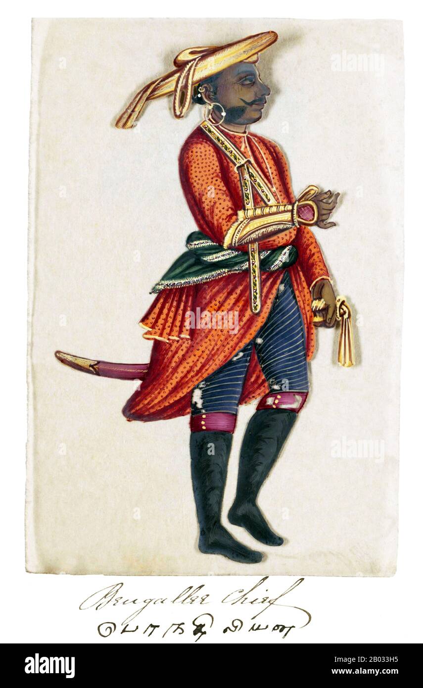 Una pagina del manoscritto Settanta Due Esemplari Di Caste in India, che consiste di 72 immagini a colori dipinte a mano di uomini e donne delle varie caste e gruppi religiosi ed etnici trovati a Madura, in India in quel momento. Ogni disegno è stato fatto su mica, un minerale trasparente, traballante che si divide in fogli sottili e trasparenti. Come indicato nella pagina di presentazione, l'album è stato compilato dal maestro di scrittura indiano in una scuola inglese fondata dai missionari americani a Madura, e dato al reverendo William Twining. Il manoscritto mostra abiti indiani e gioielli ornamento nel Foto Stock