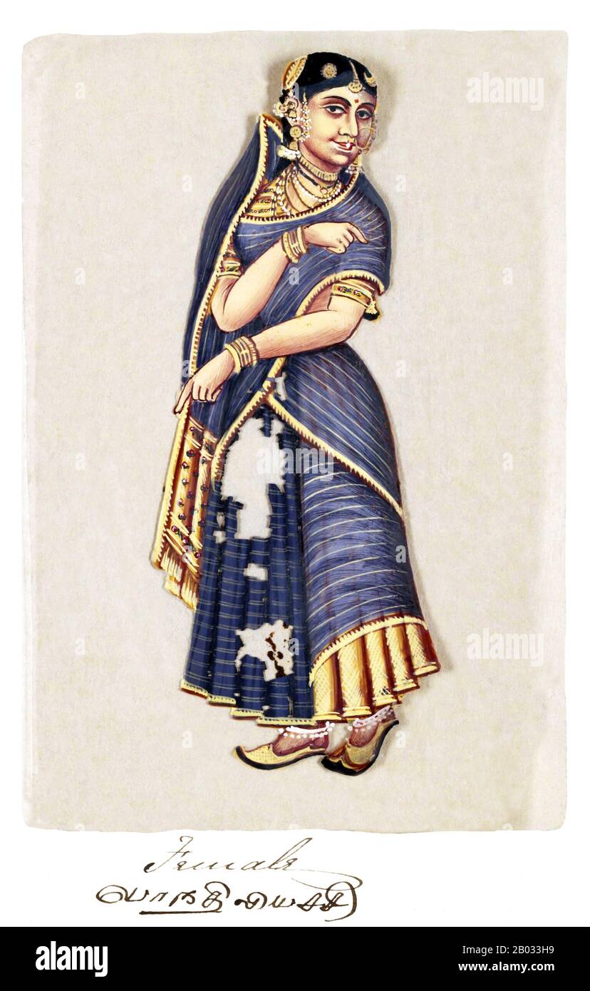 Una pagina del manoscritto Settanta Due Esemplari Di Caste in India, che consiste di 72 immagini a colori dipinte a mano di uomini e donne delle varie caste e gruppi religiosi ed etnici trovati a Madura, in India in quel momento. Ogni disegno è stato fatto su mica, un minerale trasparente, traballante che si divide in fogli sottili e trasparenti. Come indicato nella pagina di presentazione, l'album è stato compilato dal maestro di scrittura indiano in una scuola inglese fondata dai missionari americani a Madura, e dato al reverendo William Twining. Il manoscritto mostra abiti indiani e gioielli ornamento nel Foto Stock