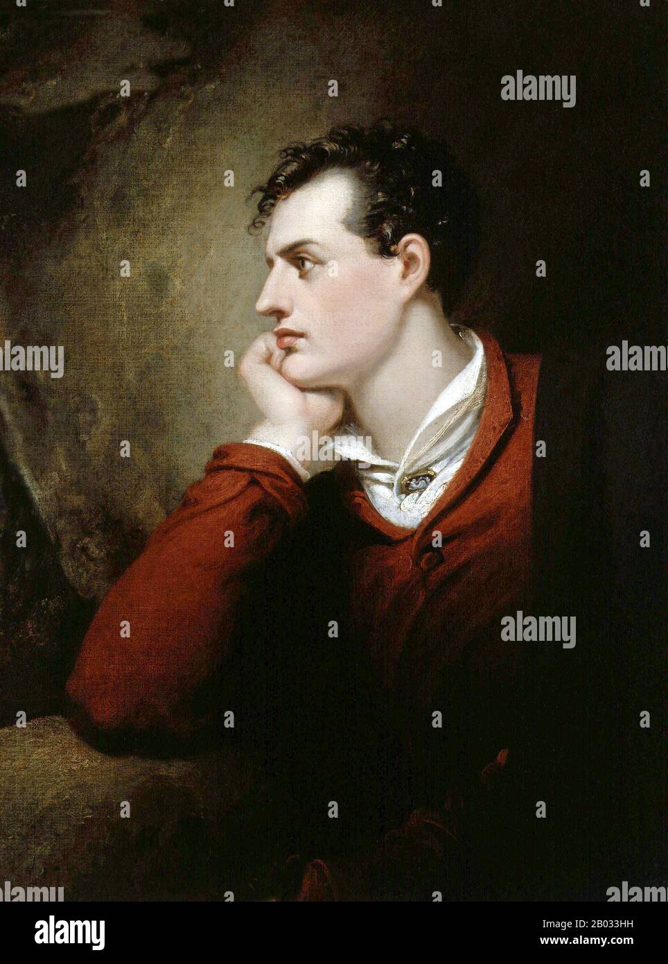 George Gordon Byron, 6th Baron Byron, FRS (22 gennaio 1788 – 19 aprile 1824), comunemente noto come Lord Byron, è stato un poeta inglese e una figura di spicco Nel Movimento Romantico. Tra le sue opere più conosciute ci sono le lunghe poesie narrative Don Juan e il pellegrinaggio di Childe Harold, e la breve lirica Che Cammina in bellezza. Byron è considerato uno dei più grandi poeti britannici, e rimane ampiamente letto e influente. Ha viaggiato molto in Europa, specialmente in Italia dove ha vissuto per sette anni. Più tardi nella vita, Byron si unì alla Guerra di Indipendenza greca combattendo l'Impero Ottomano, per wh Foto Stock