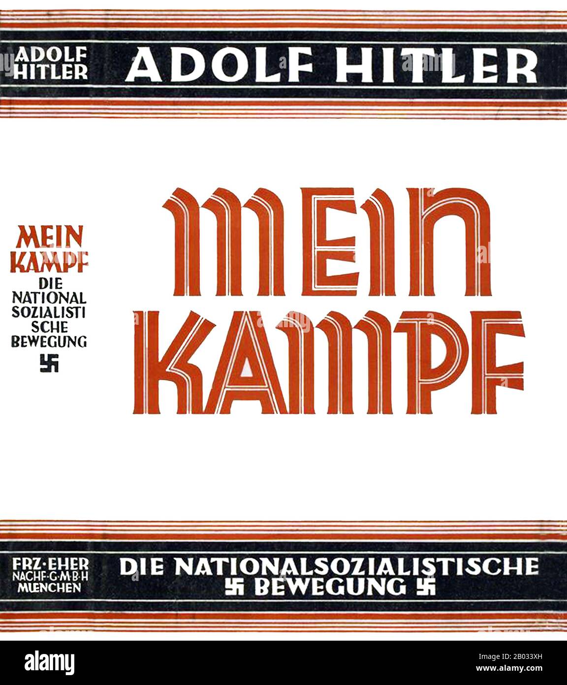 Mein Kampf è un'autobiografia del leader nazionalsocialista Adolf Hitler, in cui delinea la sua ideologia politica e i piani futuri per la Germania. Il volume 1 di Mein Kampf fu pubblicato nel 1925 e il volume 2 nel 1926. Hitler iniziò a dettare il libro a Rudolf Hess (1894 - 1987) mentre era imprigionato per quello che considerava 'crimini politici' a seguito del suo fallito Putsch a Monaco di Baviera nel novembre 1923. Anche se Hitler ricevette inizialmente molti visitatori, presto si dedicò interamente al libro. Nel 2016, dopo la scadenza del copyright detenuto dal governo bavarese, Mein Kampf lo è stato Foto Stock
