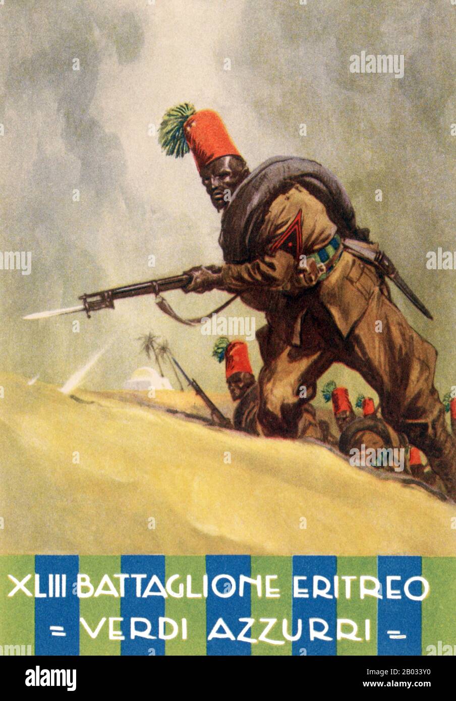 Gli eritrei Ascari erano soldati indigeni dell'Eritrea, che furono arruolati come askaris nel corpo reale Delle Truppe coloniali (Regio Corpo di Truppe coloniali) dell'esercito italiano durante il periodo 1889-1941. Queste truppe regolari hanno svolto un ruolo importante nella conquista iniziale dei vari possedimenti coloniali del Regno d'Italia. In seguito hanno agito come guarnigione e forze di sicurezza interna nell'Impero Italiano, e infine hanno servito in gran numero durante la conquista italiana del Somaliland britannico e la campagna dell'Africa orientale del 1940-41. Foto Stock