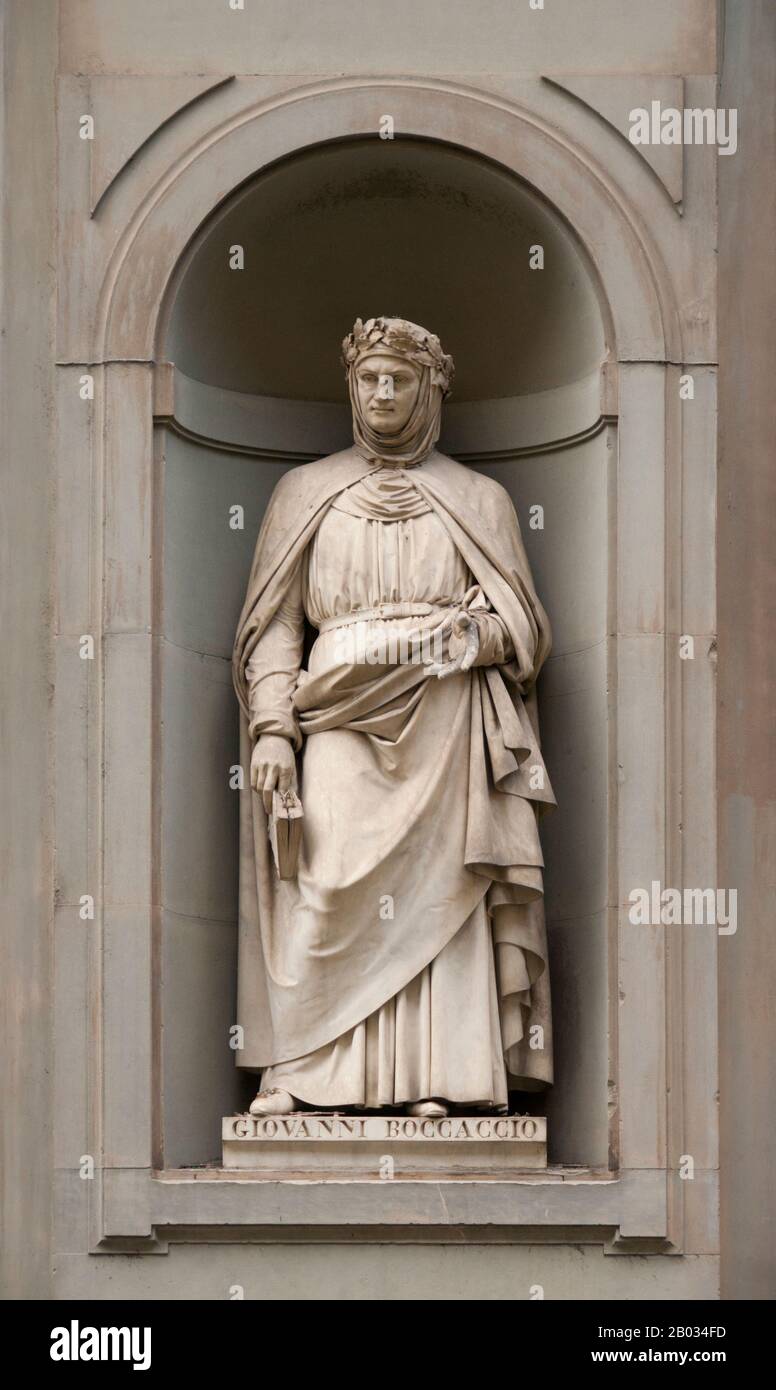 Giovanni Boccaccio (1313 – 21 dicembre 1375) è stato un . Boccaccio ha scritto una serie di opere notevoli, tra cui il Decameron e Le famose Donne. Ha scritto la sua letteratura immaginativa soprattutto in lingua italiana, così come altre opere in latino, ed è particolarmente nota per il suo dialogo realistico che differiva da quello dei suoi contemporanei, scrittori medievali che di solito seguivano modelli formulaici di carattere e di trama. Foto Stock