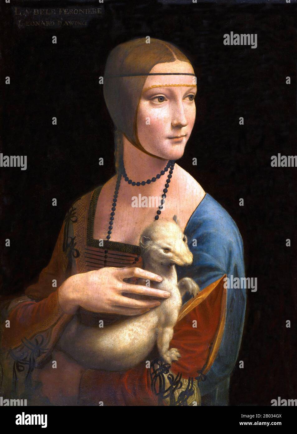 Lady with an Ermine (in italiano: Dama con l'ermellino) è un dipinto di Leonardo da Vinci del 1489-1490. Oggetto del ritratto è Cecilia Gallerani, dipinta in un momento in cui era la padrona di Ludovico Sforza, Duca di Milano, e Leonardo era al servizio del duca. Il dipinto è esposto al Museo Czartoryski, Cracovia, Polonia. Foto Stock