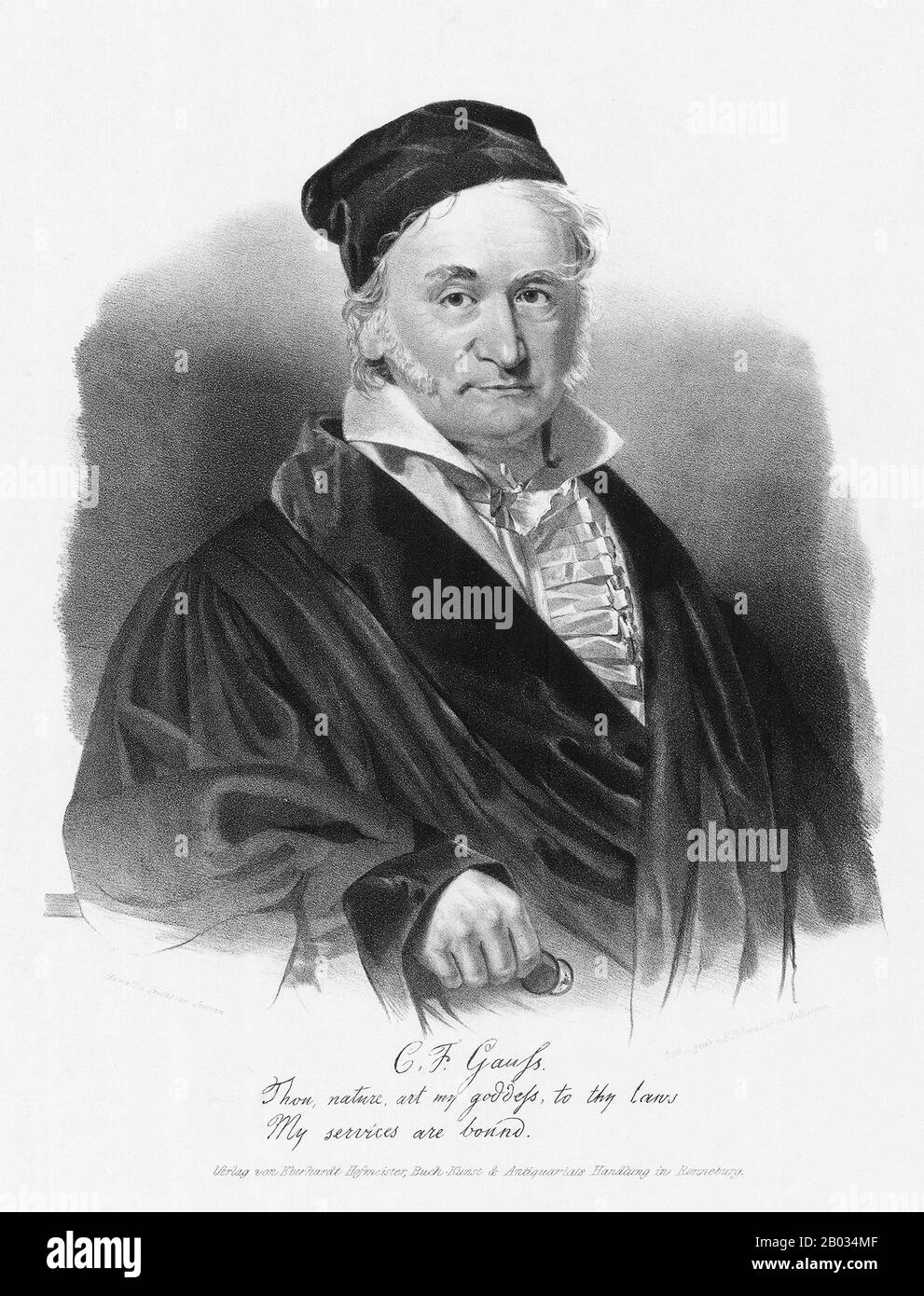 Johann Carl Friedrich Gauss (dal 30 aprile 1777 al 23 febbraio 1855) è stato un matematico tedesco che ha contribuito in modo significativo a molti campi, tra cui la teoria dei numeri, l'algebra, le statistiche, l'analisi, la geometria differenziale, la geodetica, la geofisica, la meccanica, l'elettrostatica, l'astronomia, la teoria della matrice e l'ottica. A volte definito il matematico principeps (latino, il più grande dei matematici) e il più grande matematico dall'antichità, Gauss ha avuto un'influenza eccezionale in molti campi della matematica e della scienza ed è classificato come uno dei più influenti matematici della storia. Foto Stock