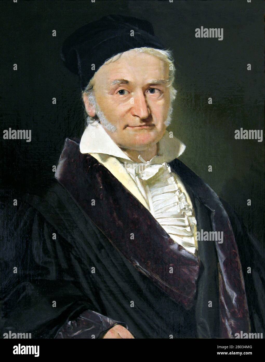 Johann Carl Friedrich Gauss (dal 30 aprile 1777 al 23 febbraio 1855) è stato un matematico tedesco che ha contribuito in modo significativo a molti campi, tra cui la teoria dei numeri, l'algebra, le statistiche, l'analisi, la geometria differenziale, la geodetica, la geofisica, la meccanica, l'elettrostatica, l'astronomia, la teoria della matrice e l'ottica. A volte definito il matematico principeps (latino, il più grande dei matematici) e il più grande matematico dall'antichità, Gauss ha avuto un'influenza eccezionale in molti campi della matematica e della scienza ed è classificato come uno dei più influenti matematici della storia. Foto Stock