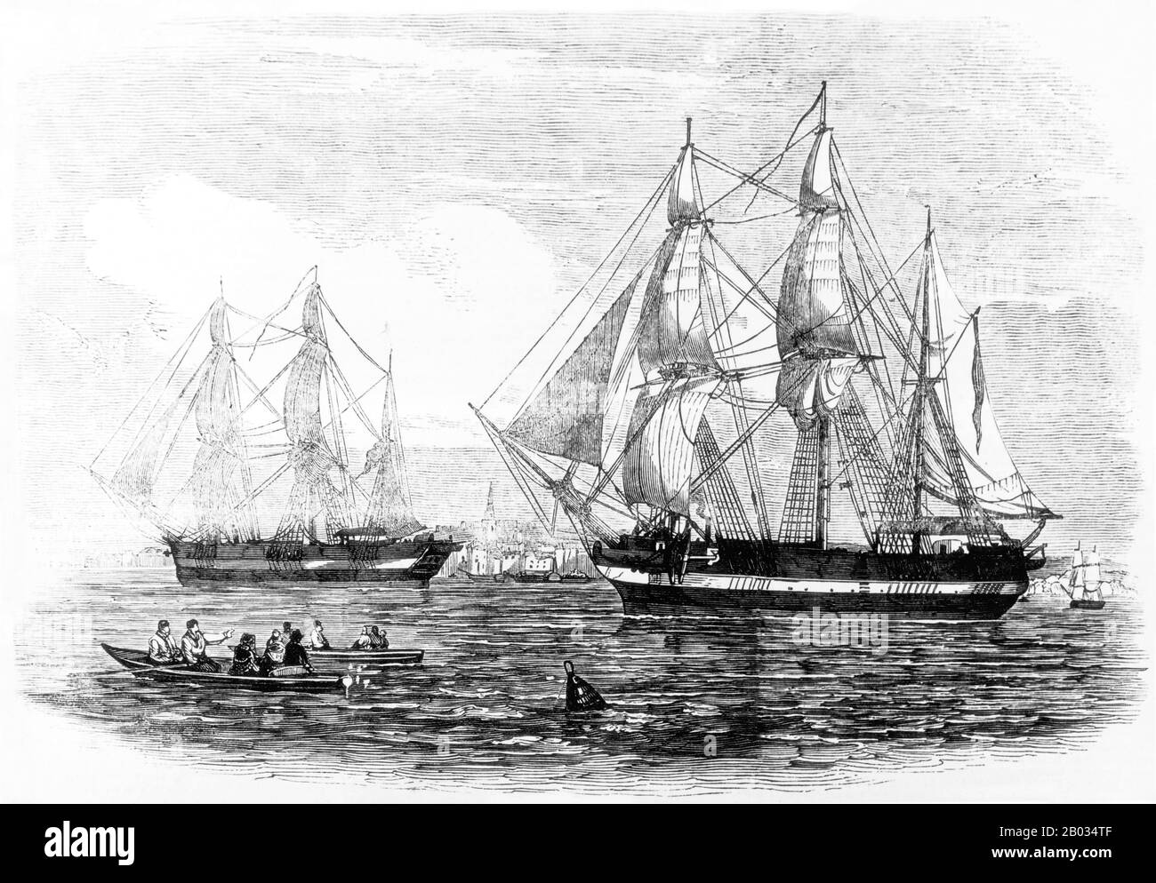 Franklin scomparve nella sua ultima spedizione, cercando di tracciare e navigare in una sezione Del passaggio nord-ovest nell'Artico canadese. Le navi legate all'icebound sono state abbandonate e l'intero equipaggio è morto da fame, ipotermia, tubercolosi, avvelenamento da piombo e scorbuto. Nel settembre 2014, il primo ministro canadese Stephen Harper ha annunciato che il naufragio della HMS Erebus, una delle due navi del viaggio finale di Franklin, era stato riscoperto. Il 12 settembre 2016, è stato annunciato che la spedizione della Arctic Research Foundation aveva trovato il relitto di HMS Terrore a sud di King William Island Foto Stock Franklin scomparve nella sua ultima spedizione, cercando di tracciare e navigare in una sezione Del passaggio nord-ovest nell'Artico canadese. Le navi legate all'icebound sono state abbandonate e l'intero equipaggio è morto da fame, ipotermia, tubercolosi, avvelenamento da piombo e scorbuto. Nel settembre 2014, il primo ministro canadese Stephen Harper ha annunciato che il naufragio della HMS Erebus, una delle due navi del viaggio finale di Franklin, era stato riscoperto. Il 12 settembre 2016, è stato annunciato che la spedizione della Arctic Research Foundation aveva trovato il relitto di HMS Terrore a sud di King William Island Foto Stock