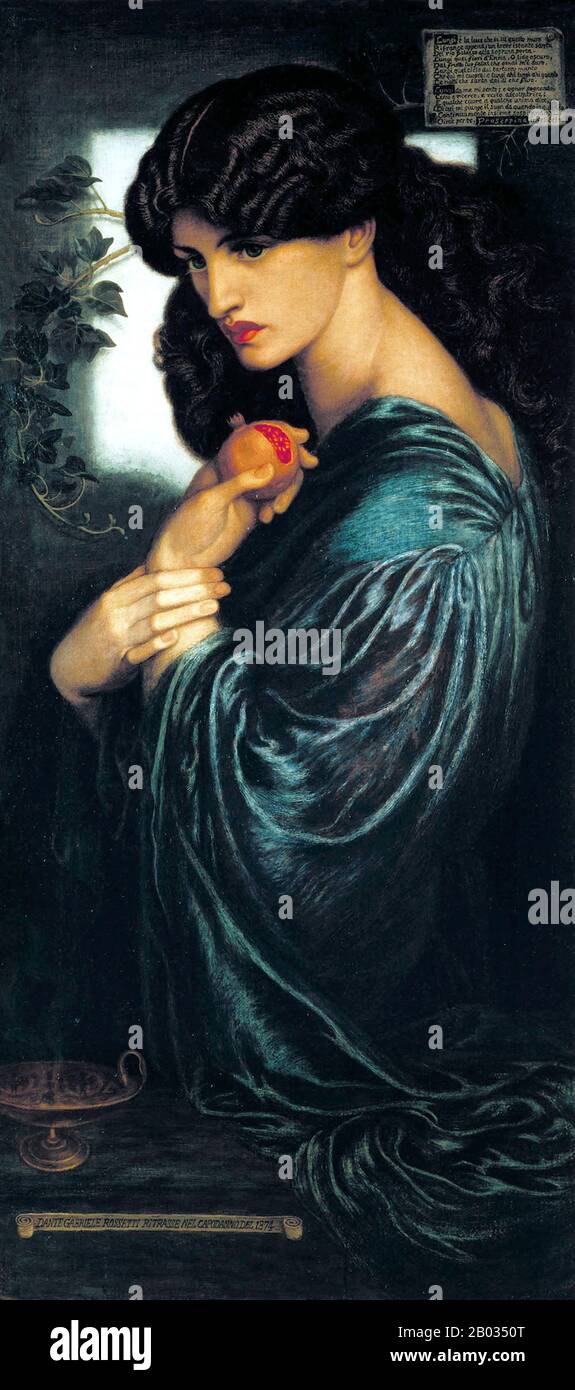Dante Gabriel Rossetti (Parigi, 12 maggio 1828 – Parigi, 9 aprile 1882) è stato un . Fondò la Fratellanza pre-Raphaelite nel 1848 con William Holman Hunt e John Everett Millais. Rossetti fu poi l'ispirazione principale per una seconda generazione di artisti e scrittori influenzati dal movimento, in particolare William Morris ed Edward Burne-Jones. Il suo lavoro ha influenzato anche i simbolisti europei ed è stato un grande precursore del movimento Estetico. Nel suo Proserpine, l'artista illustra nel suo tipico stile pre-Raphaelite la dea romana che vive nel Foto Stock