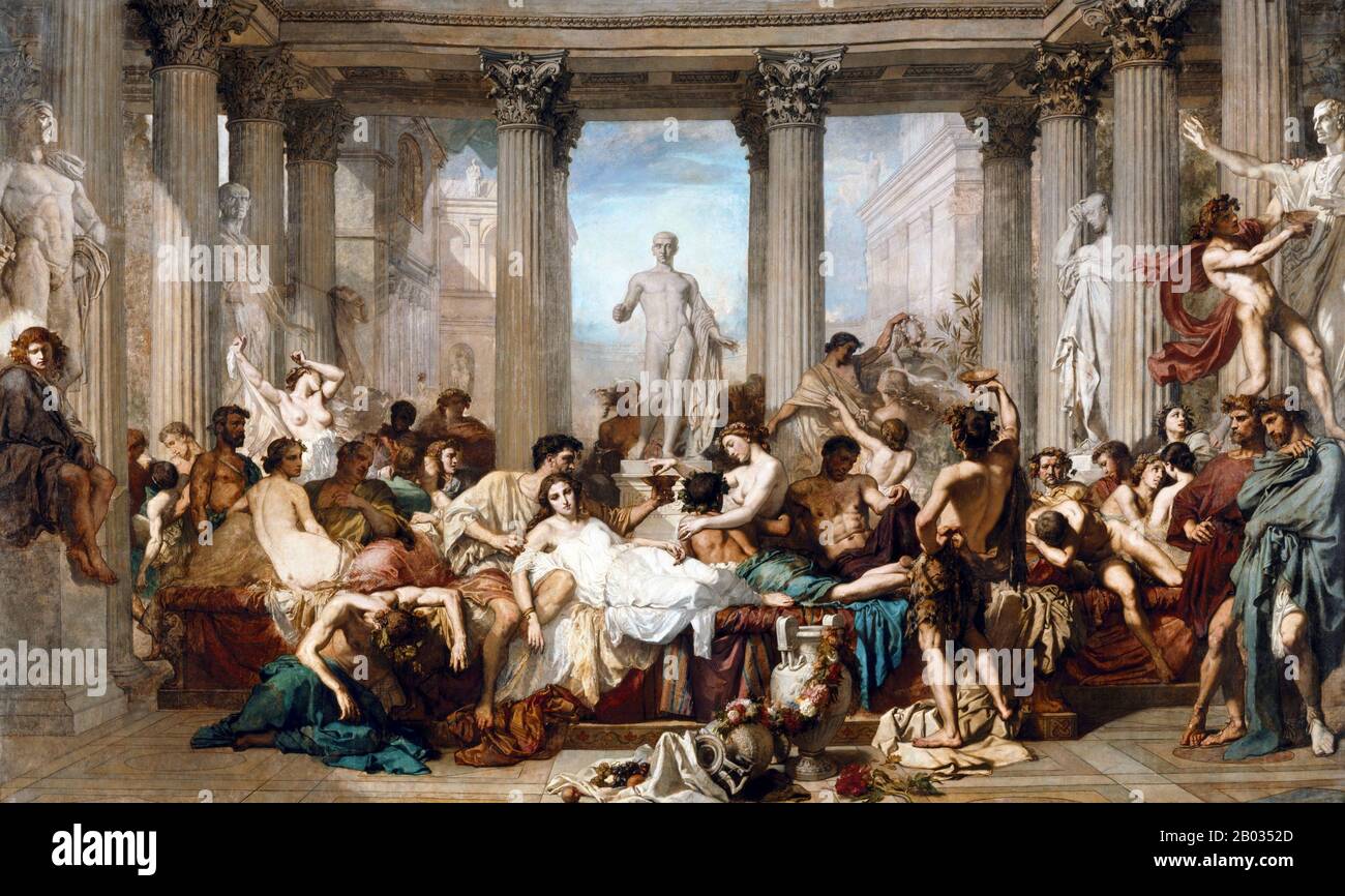 Il terzo degli imperatori a regnare durante l'anno tumultuoso Dei Quattro imperatori, Vitellius iniziò la sua carriera come Console nel 48 d.C., e fu infine comandato dagli eserciti di Germania Inferiore dall'imperatore Galba. Da lì iniziò la sua offerta di potere contro Galba e gli altri pretendenti. Egli portò con successo una rivoluzione militare contro il successore di Galba Otho nel 69 d.C., marciando a Roma e diventando imperatore, anche se non fu mai riconosciuto come tale in tutto il mondo romano. Si dice che i suoi uomini siano licenziosi e ruvidi, con Roma che si è invischiata nei massacri e nei tumulti, nel decadere Foto Stock