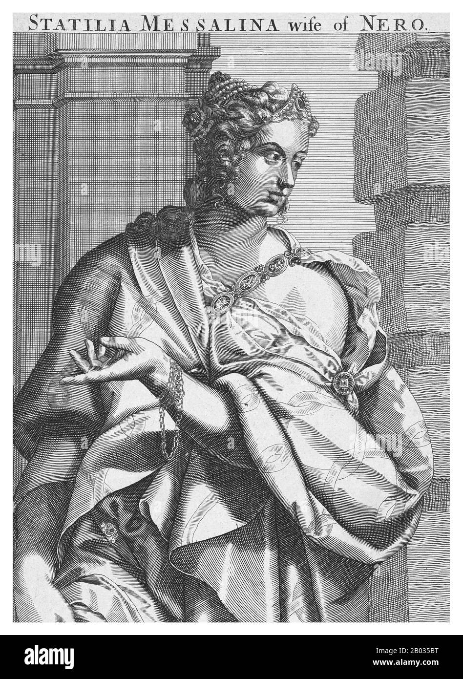 Statilia Messalina (35 anni dopo il 68 d.C.) era una donna patrizia romana, imperatrice e terza moglie di Nerone. Si sposò con il console Marrcus Julius Vestinus Atticus e divenne padrona di Nerone nel 65 d.C. Dopo la morte della seconda moglie di Nerone, Poppaea Sabina, forse nelle sue mani, Vestinus fu costretto dall'imperatore a suicidarsi per sposare Statilia. Fu una delle poche cortigiani a sopravvivere al crollo del regno di Nerone, morendo qualche tempo dopo il 68 d.C. Foto Stock