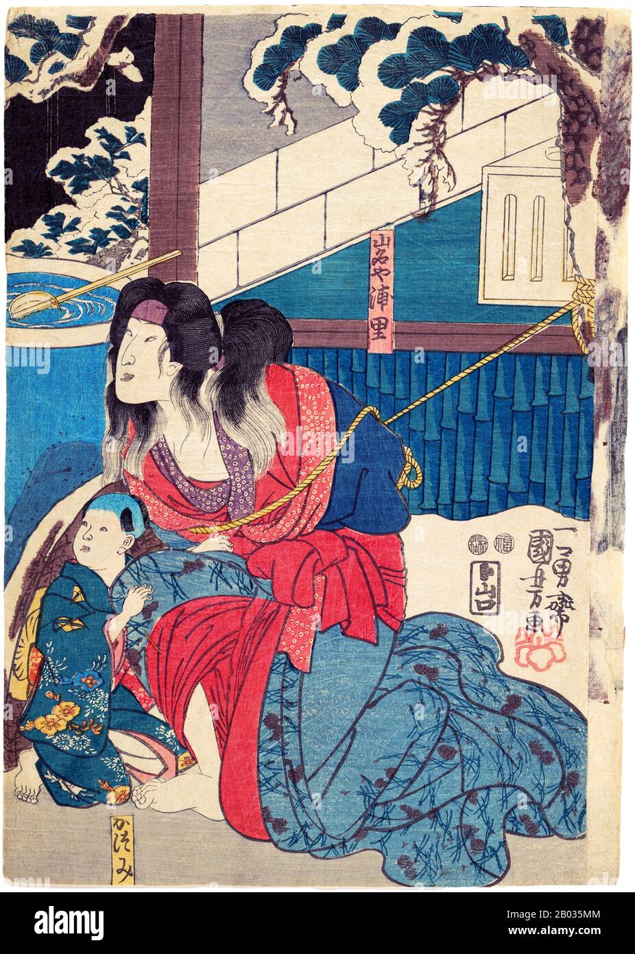 Scena dal gioco Akegarasu yuki no akebono o 'Tragedia su una Notte di neve', in scena per la prima volta al Takemoto Tsudayu Theatre di Osaka nel 1853. Foto Stock