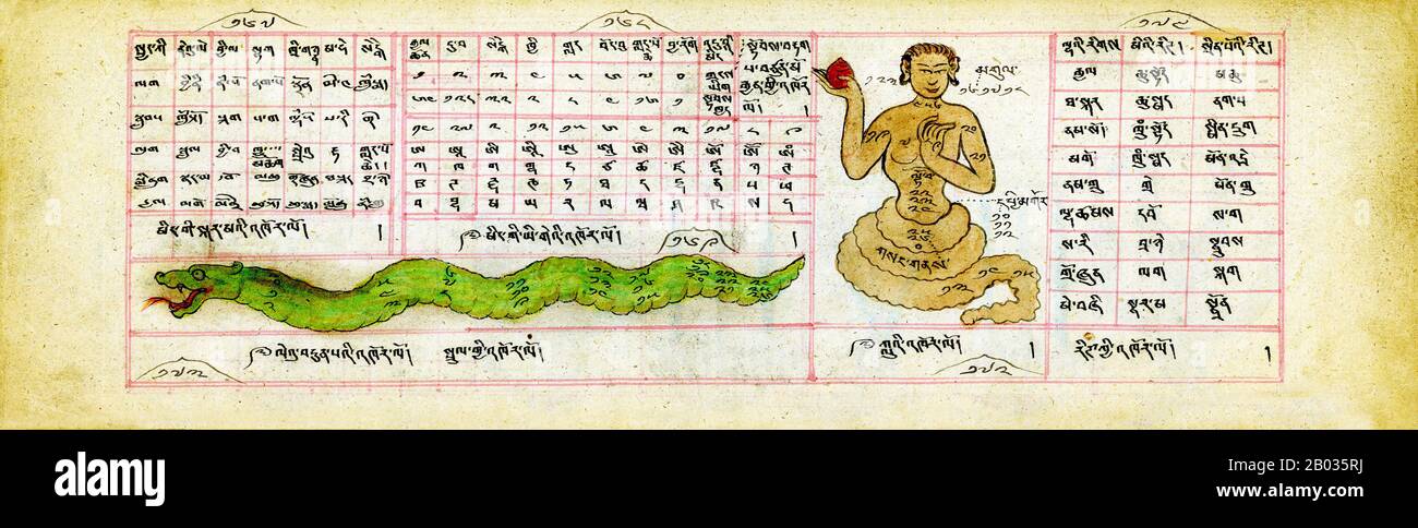 Il testo del manuale è in tibetano, lingua liturgica del Buddismo mongolo. Simile ai libri tradizionali tibetani, questo manoscritto consiste di fogli di carta non legati e oblunghi scritti su entrambe le parti. Sempre seguendo la tradizione, il libro è avvolto in un panno di seta con corde che lo legano in un fascio stretto. La carta fatta a mano è stata probabilmente importata, gli inchiostri e i coloranti utilizzati per il manoscritto erano molto probabilmente fatti a mano localmente, ed è stato probabilmente copiato da un monaco-scriba professionista. Mentre è stato copiato qualche volta nel 1800s, le informazioni nel testo è probabile essere molti centuri Foto Stock