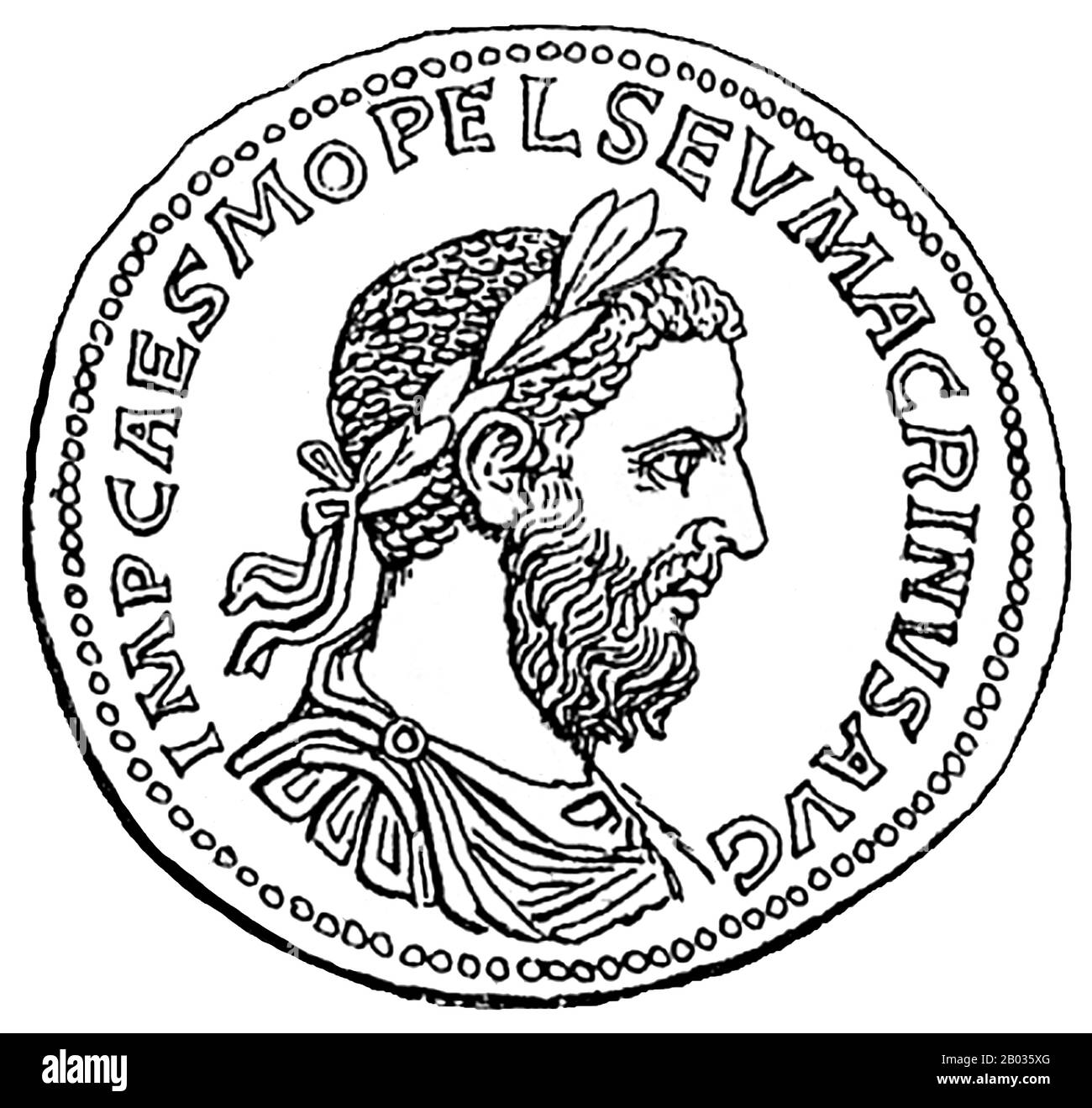Macrinus (165-218 d.C.) fu un abile avvocato che servì sotto l'imperatore Settimio Severo, prima che il figlio di Severus e il successore Caracalla lo nominò prefetto della Guardia Pretoriana. Egli godeva della fiducia e della protezione di Caracalla, finché non fu detta una profezia secondo cui Macrinus sarebbe stato depose e successe all'imperatore. Temendo per la sua vita, Macrinus ha tracciato per avere Caracalla assassinato prima che lui stesso fosse condannato a morte. Manipolando un soldato nell'assassinio di Caracalla, Macrinus divenne imperatore nel 217 d.C., il primo imperatore romano a non essersi salutato dalla classe senatoriale, oltre ad essere il fi Foto Stock