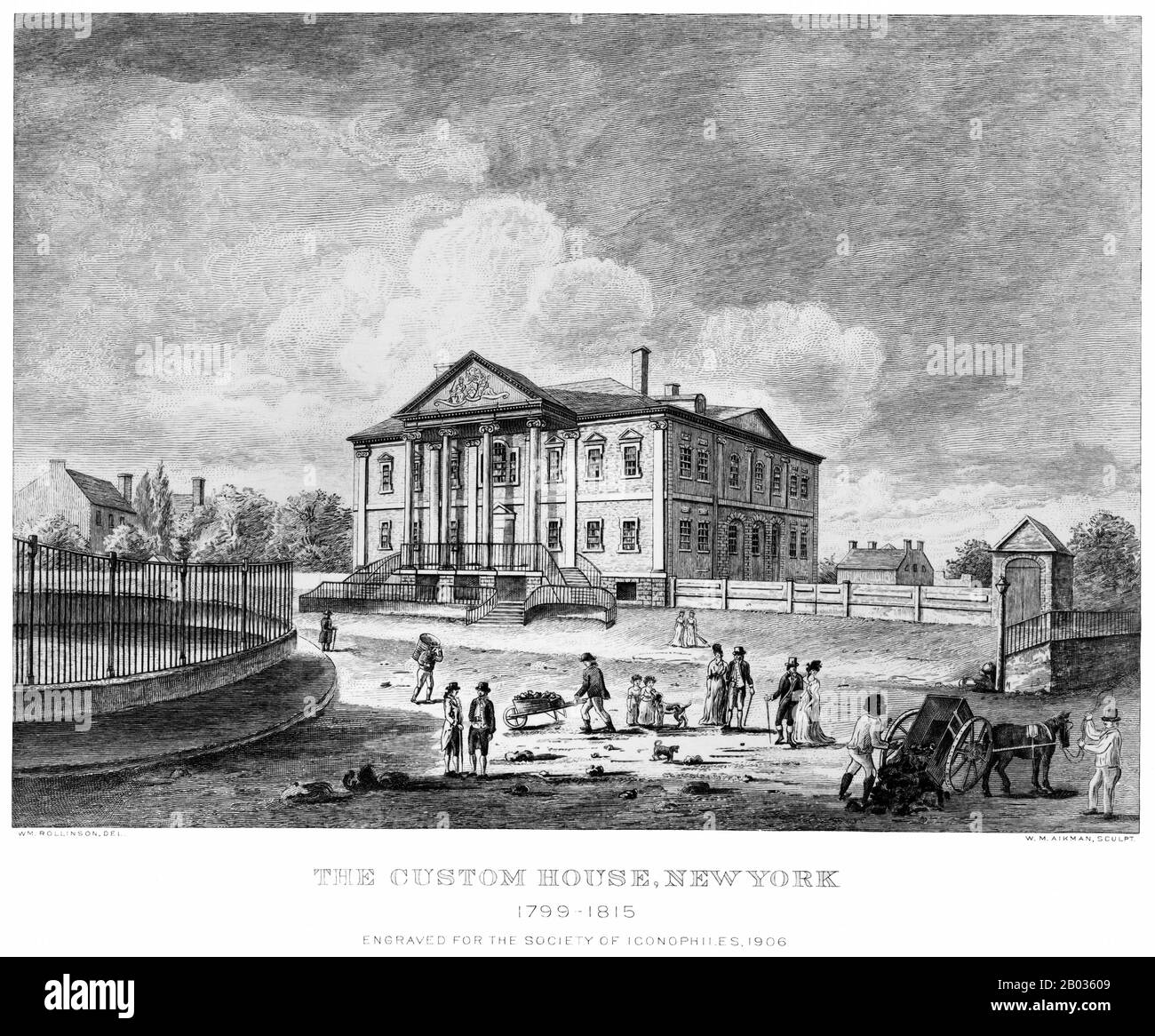 La Custom House degli Stati Uniti, talvolta chiamata New York Custom House, era il luogo in cui venivano riscossi dazi doganali federali sulle merci importate a New York City. La casa su misura esisteva in diversi luoghi nel corso degli anni. Dal 1790 al 1799, si trovava a South William Street, di fronte a Mill Lane, conosciuta come 5 Mill Street. Dal 1799 al 1815, si trovava nella Government House, all'incirca sull'ex sito di Fort Amsterdam. Dal 1842 fu a 26 Wall Street in un nuovo edificio progettato da John Frazee; questo edificio è ora Federal Hall National Memorial. Dal 1862 era nel Merchant's E. Foto Stock