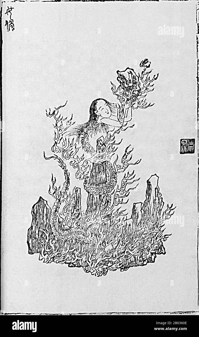 Nuwa, a volte conosciuta anche come Nugua, è un'antica dea cinese che è più famosa per la creazione dell'umanità e la riparazione del pilastro del cielo. È spesso descritta come una donna con un corpo inferiore serpentino o anche solo la testa di una donna sul corpo di un serpente, guadagnandola il nome 'Snake Goddess'. Nuwa e suo fratello/marito Fuxi forgiarono l'umanità dall'argilla, respirando la vita in loro. Dopo una lotta tra il fuoco dio Zhurong e il mostro marino Gong Gong ha causato quest'ultimo a smash in montagna di Buzhou, uno dei pilastri che sorreggeva il cielo, che ha provocato calamità. Grandi inondazioni un Foto Stock