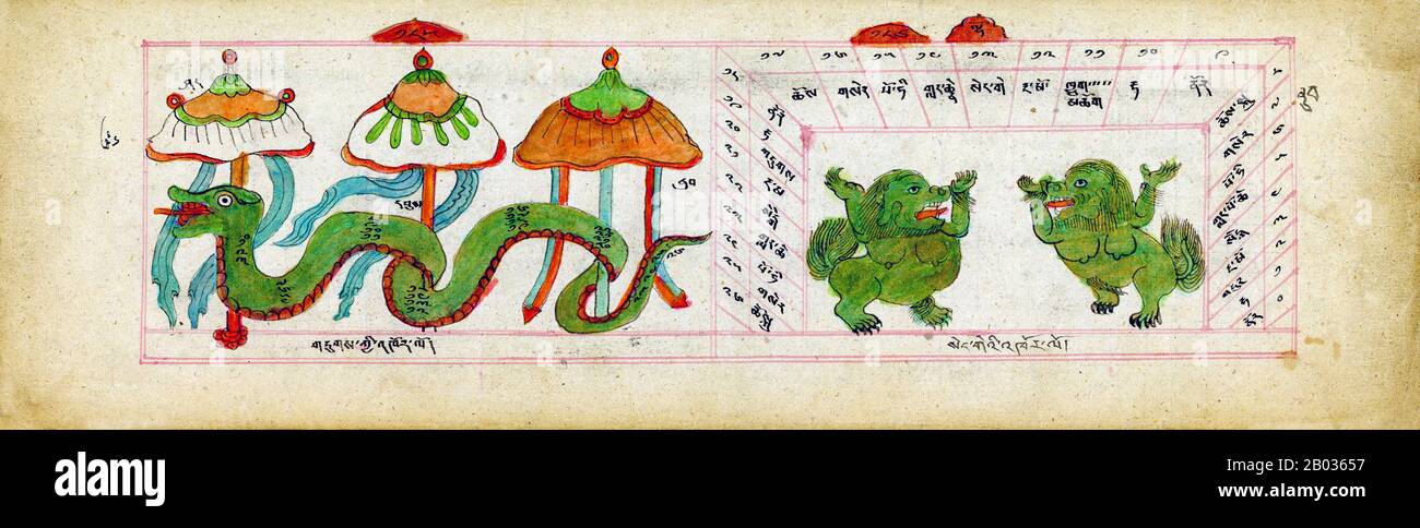 Il testo del manuale è in tibetano, lingua liturgica del Buddismo mongolo. Simile ai libri tradizionali tibetani, questo manoscritto consiste di fogli di carta non legati e oblunghi scritti su entrambe le parti. Sempre seguendo la tradizione, il libro è avvolto in un panno di seta con corde che lo legano in un fascio stretto. La carta fatta a mano è stata probabilmente importata, gli inchiostri e i coloranti utilizzati per il manoscritto erano molto probabilmente fatti a mano localmente, ed è stato probabilmente copiato da un monaco-scriba professionista. Mentre è stato copiato qualche volta nel 1800s, le informazioni nel testo è probabile essere molti centuri Foto Stock