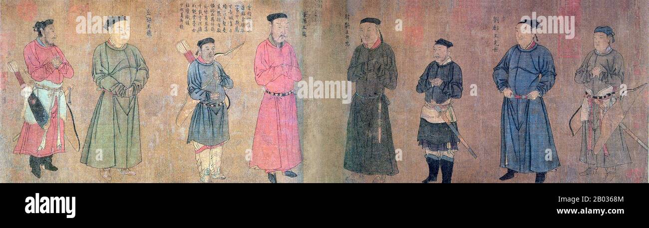 Il Southern Song era Artist Liu Songnian's Four Generals of Zhongxing' è un ritratto di gruppo che raffigura otto persone, quattro generali e quattro assistenti. Sequenziati da sinistra sono Attendant, General Yue Fei, Attendant, General Zhang Jun, General Han Shizhong, Attendant, General Liu Guangshi, e Attendant. Foto Stock