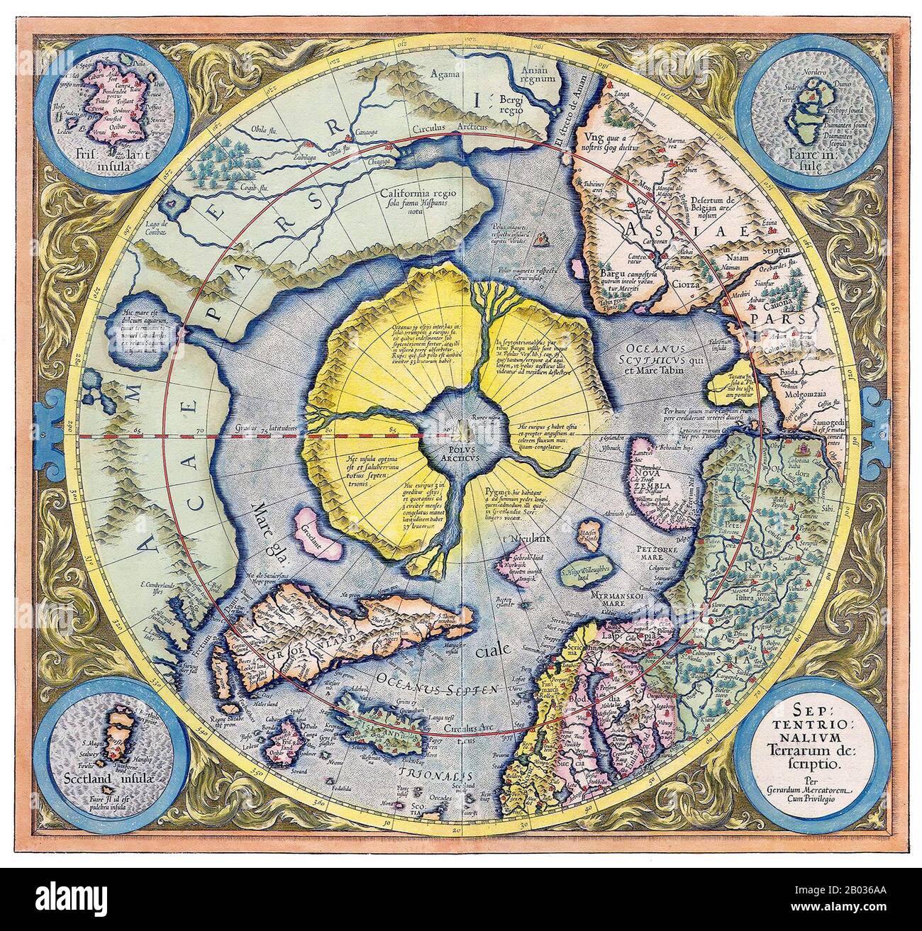 Gerardus Mercator, un tedesco fiammingo (5 marzo 1512 – 2 dicembre 1594) è stato un cartografo rinomato per la creazione di una mappa mondiale basata su una nuova proiezione che rappresentava corsi di vela di costante portante come linee rette, un'innovazione che è ancora utilizzata nelle carte nautiche utilizzate per la navigazione. Ai suoi giorni era il geografo più famoso del mondo ma, inoltre, aveva interessi in teologia, filosofia, storia, matematica e magnetismo, oltre ad essere un incisore, calligrafo e creatore di globi e strumenti scientifici. Foto Stock