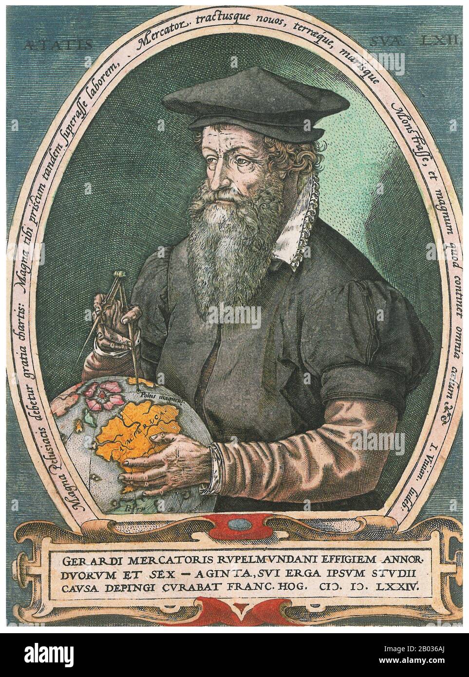 Gerardus Mercator, un tedesco fiammingo (5 marzo 1512 – 2 dicembre 1594) è stato un cartografo rinomato per la creazione di una mappa mondiale basata su una nuova proiezione che rappresentava corsi di vela di costante portante come linee rette, un'innovazione che è ancora utilizzata nelle carte nautiche utilizzate per la navigazione. Ai suoi giorni era il geografo più famoso del mondo ma, inoltre, aveva interessi in teologia, filosofia, storia, matematica e magnetismo, oltre ad essere un incisore, calligrafo e creatore di globi e strumenti scientifici. Foto Stock