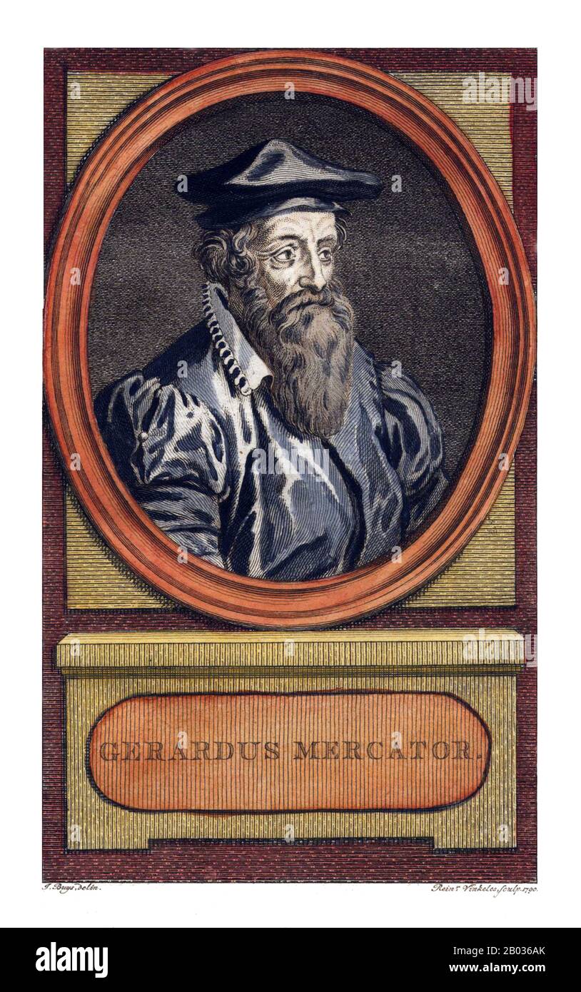 Gerardus Mercator, un tedesco fiammingo (5 marzo 1512 – 2 dicembre 1594) è stato un cartografo rinomato per la creazione di una mappa mondiale basata su una nuova proiezione che rappresentava corsi di vela di costante portante come linee rette, un'innovazione che è ancora utilizzata nelle carte nautiche utilizzate per la navigazione. Ai suoi giorni era il geografo più famoso del mondo ma, inoltre, aveva interessi in teologia, filosofia, storia, matematica e magnetismo, oltre ad essere un incisore, calligrafo e creatore di globi e strumenti scientifici. Foto Stock