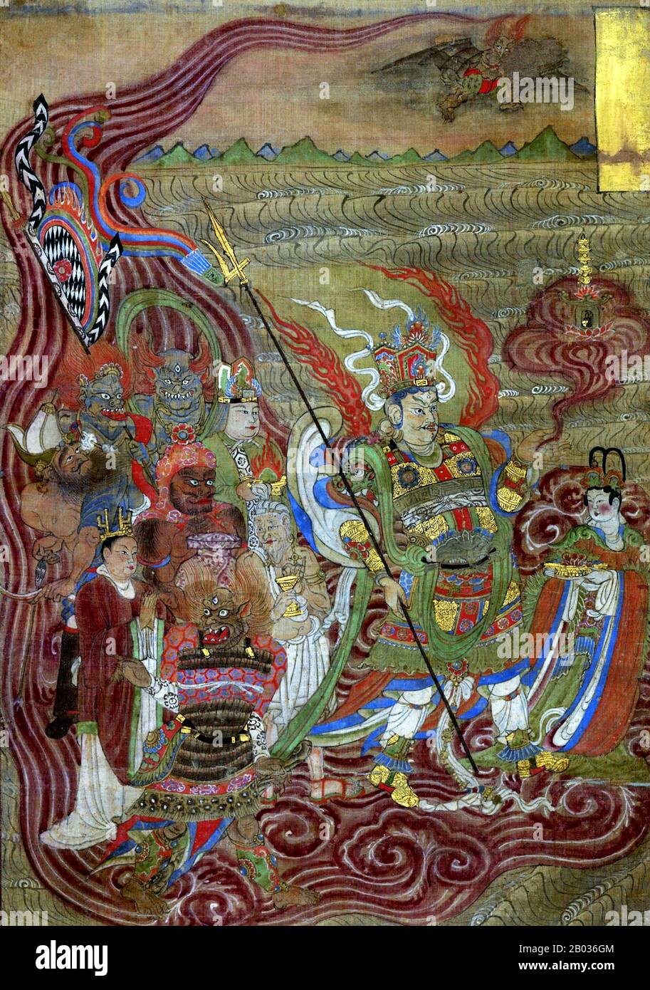 Vaissavana, talvolta farro come Vaishravana o Visravana, è un dio buddista e 'capo' dei Quattro Re Celeste, quattro divinità che proteggono ciascuna una delle direzioni cardinali del mondo. Vaissavana è custode del nord, ed è derivato dalla divinità indù Kubera. Egli fa la sua casa nella metà inferiore del sacro Monte Meru, dove egli signori su tutti gli yaksha (spiriti guardiani) che vi abitano. Vaissavana è il dominatore della pioggia, e quindi è simbolicamente armato di un ombrello o di una pagoda, indossando un'armatura pesante. I colori più associati a lui sono giallo o verde, ecco perché è di Foto Stock