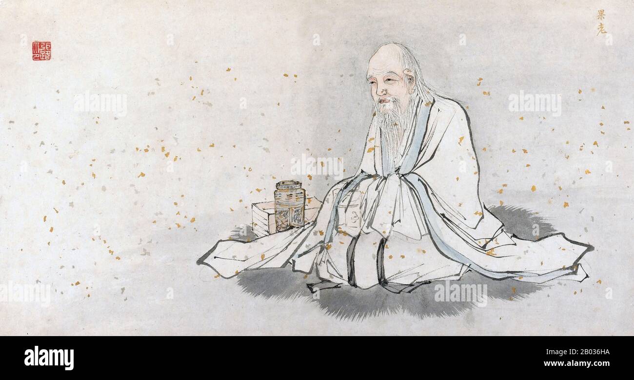 Zhang Guolao, conosciuto anche come Zhang Guo, è una figura storica e una Delle Otto Immortali. Si dice che sia nato durante la metà o la fine del 7th secolo CE, durante la dinastia Tang, ed è stato un Taoist 'fangshi' (occultist-alchemist) che ha vissuto come eremita sul Monte Zhongtiao. Zhang è stato ritratto con un forte amore per il vino e la vinificazione, ed è stato un maestro del 'qigong' (coltivazione di energia vitale), in grado di sopravvivere per giorni senza cibo e solo pochi sorsi di vino. Zhang Guolao affermò di avere diversi cento anni prima che l'imperatrice Wu Zetian salì al potere. Viaggiò spesso sul Foto Stock