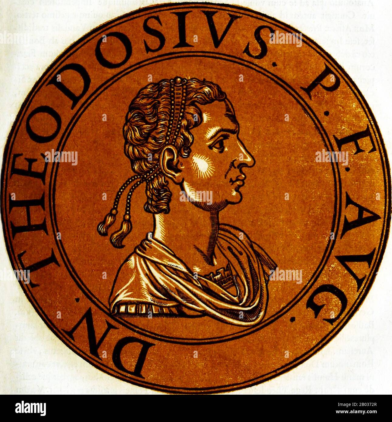 Teodosio II (401-450), conosciuto anche come Teodosio Il Giovane e Teodosio il Calligrafo, era il figlio dell'imperatore Arcadius dell'Impero Romano d'Oriente. Fu proclamato co-governante e Augusto un anno dopo la sua nascita, diventando la persona più giovane a portare sempre il titolo. Divenne imperatore dopo la morte del padre nel 408 d.C., di soli sette anni. La sua sorella maggiore Pulcheria assunse brevemente la reggenza come Augusta finché Teodosio era abbastanza vecchio in 416 CE. Teodosio era un cristiano devoto, che scatenava guerre contro i Sassanidi e altri che perseguitavano il cristianesimo. Ha anche dovuto trattare con gli Unni sotto UN Foto Stock