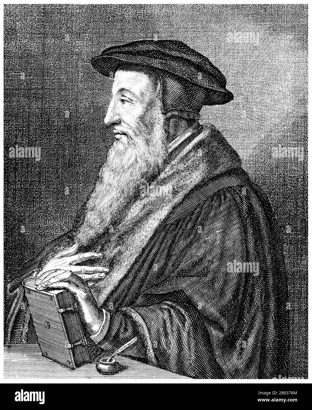 John Calvin, nato Jehan Cauvin: 10 luglio 1509 – 27 maggio 1564) è stato un . Egli fu una figura principale nello sviluppo del sistema di teologia cristiana, in seguito chiamato Calvinismo, aspetti dei quali includono le dottrine della predestinazione e della sovranità assoluta di Dio nella salvezza dell'anima umana dalla morte e dalla dannazione eterna. Varie chiese congregazionali, Riformate e Presbiteriane, che guardano a Calvin come il principale espositore delle loro credenze, si sono diffuse in tutto il mondo. Foto Stock John Calvin, nato Jehan Cauvin: 10 luglio 1509 – 27 maggio 1564) è stato un . Egli fu una figura principale nello sviluppo del sistema di teologia cristiana, in seguito chiamato Calvinismo, aspetti dei quali includono le dottrine della predestinazione e della sovranità assoluta di Dio nella salvezza dell'anima umana dalla morte e dalla dannazione eterna. Varie chiese congregazionali, Riformate e Presbiteriane, che guardano a Calvin come il principale espositore delle loro credenze, si sono diffuse in tutto il mondo. Foto Stock