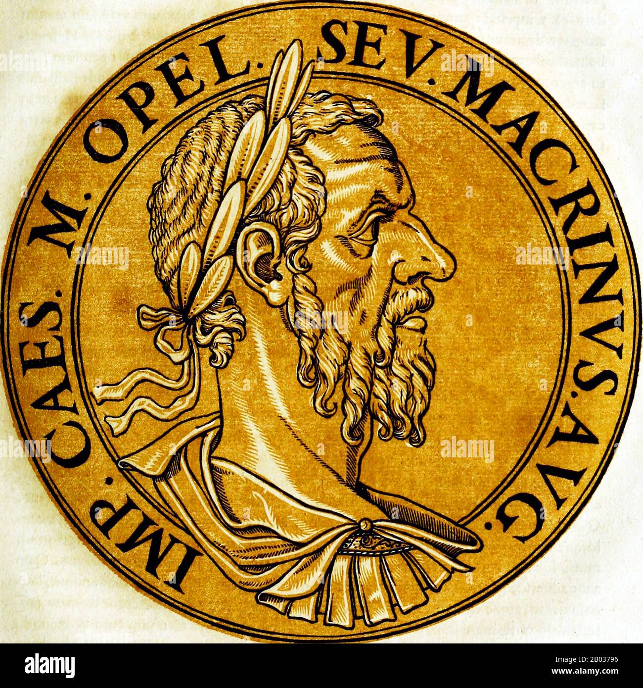 Macrinus (165-218) fu un abile avvocato che servì sotto l'imperatore Settimio Severo, prima che il figlio di Severus e il successore Caracalla lo nominò prefetto della Guardia Pretoriana. Godeva della fiducia e della protezione di Caracalla, finché una profezia affermò che Macrinus avrebbe deposto e successe all'imperatore. Temendo per la sua vita, Macrinus ha tracciato per avere Caracalla assassinato prima che lui stesso fosse condannato a morte. Manipolando un soldato nell'assassinio di Caracalla, Macrinus divenne imperatore nel 217, il primo imperatore romano a non aver salutato dalla classe senatoriale, così come essere il primo Maurétanian Foto Stock
