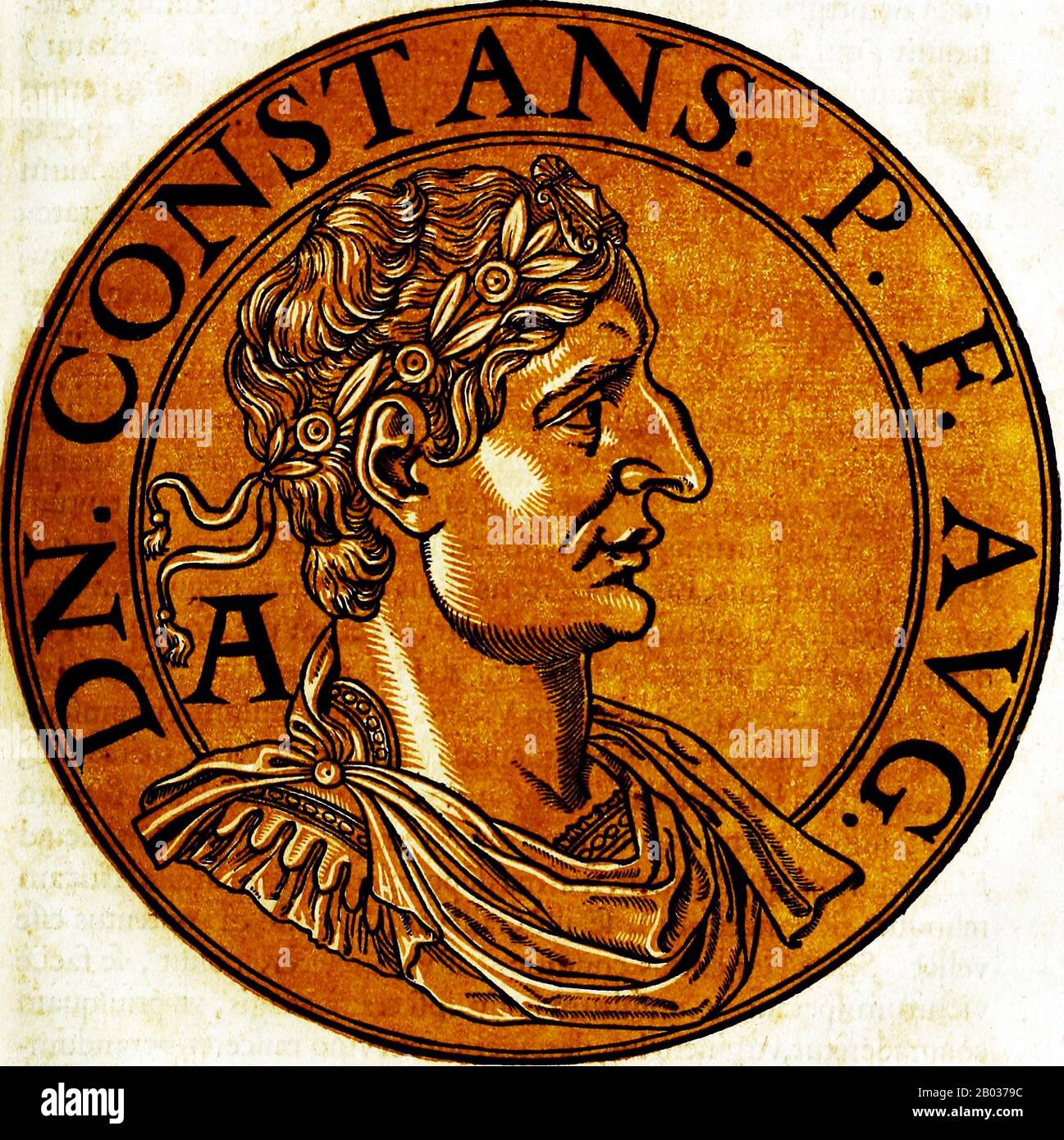 Constans i (323-350) era il quarto figlio di Costantino il Grande, fratello minore di Costantino II e Costanzo II Quando suo padre morì nel 337, Constantio divenne co-imperatore accanto ai fratelli, con la purga di Constantio di praticamente il resto della famiglia imperiale, assicurando che il potere rimanesse nelle loro mani. Constans ereditò le province centrali dell'Impero Romano nella suddivisione formale, ma fu inizialmente sotto la tutela di Costantino II a causa della sua giovane età. Suo fratello maggiore si lamentò che non aveva ricevuto la quantità di territorio che era suo dovuto come figlio maggiore, che guidava Foto Stock