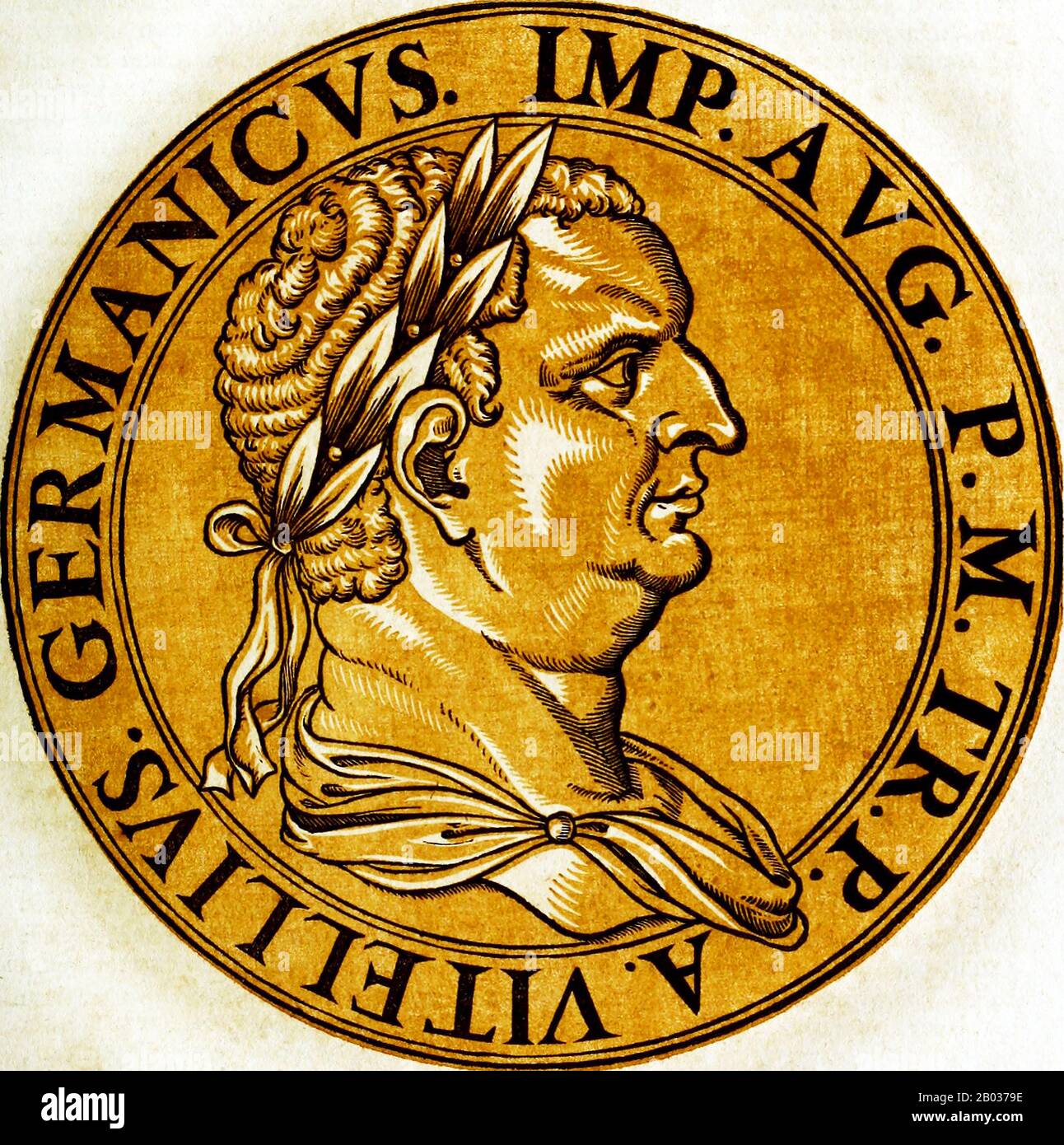 Il terzo degli imperatori a regnare durante l'anno tumultuoso Dei Quattro imperatori, Vitellius iniziò la sua carriera come Console nel 48 d.C., e fu infine comandato dagli eserciti di Germania Inferiore dall'imperatore Galb. Da lì iniziò la sua offerta di potere contro Galba e gli altri pretendenti. Egli portò con successo una rivoluzione militare contro il successore di Galba Otho nel 69 d.C., marciando a Roma e diventando imperatore, anche se non fu mai riconosciuto come tale in tutto il mondo romano. Si dice che i suoi uomini siano leciti e ruvidi, con Roma che viene coinvolta nei massacri e nei tumulti, decadente Foto Stock
