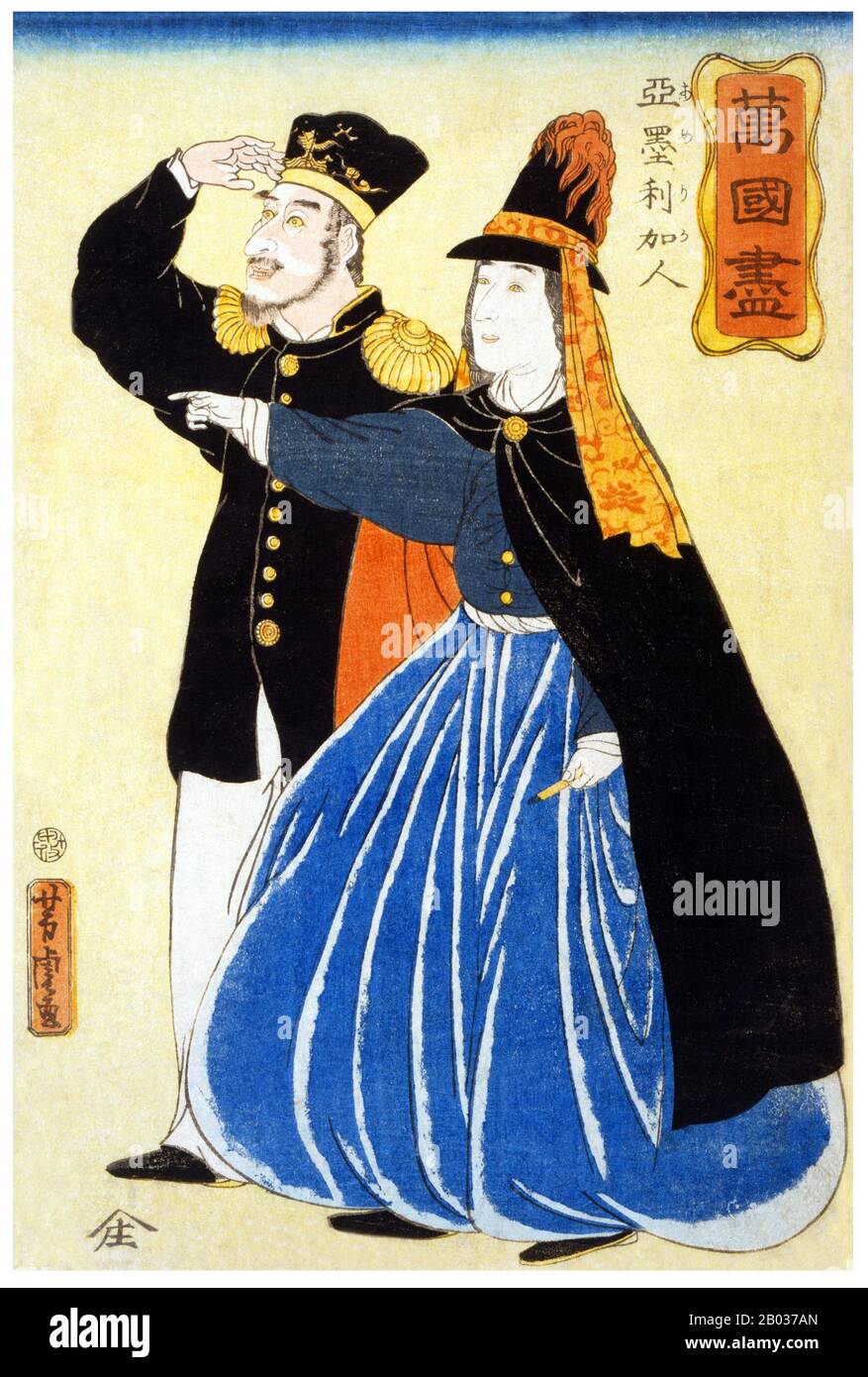 Stampa di legno giapponese che mostra una coppia americana che guarda qualcosa in lontananza Utagawa Yoshitora è stato un designer di ukiyo-e stampe di legno giapponese e un illustratore di libri e giornali che era attivo da circa 1850 a circa 1880. È nato a Edo (Tokyo moderna), ma non si conosce né la data di nascita né la data di morte. Fu il più antico allievo di Utagawa Kuniyoshi che eccelleva nelle stampe di guerrieri, attori kabuki, belle donne e stranieri (Yokohama-e). Foto Stock