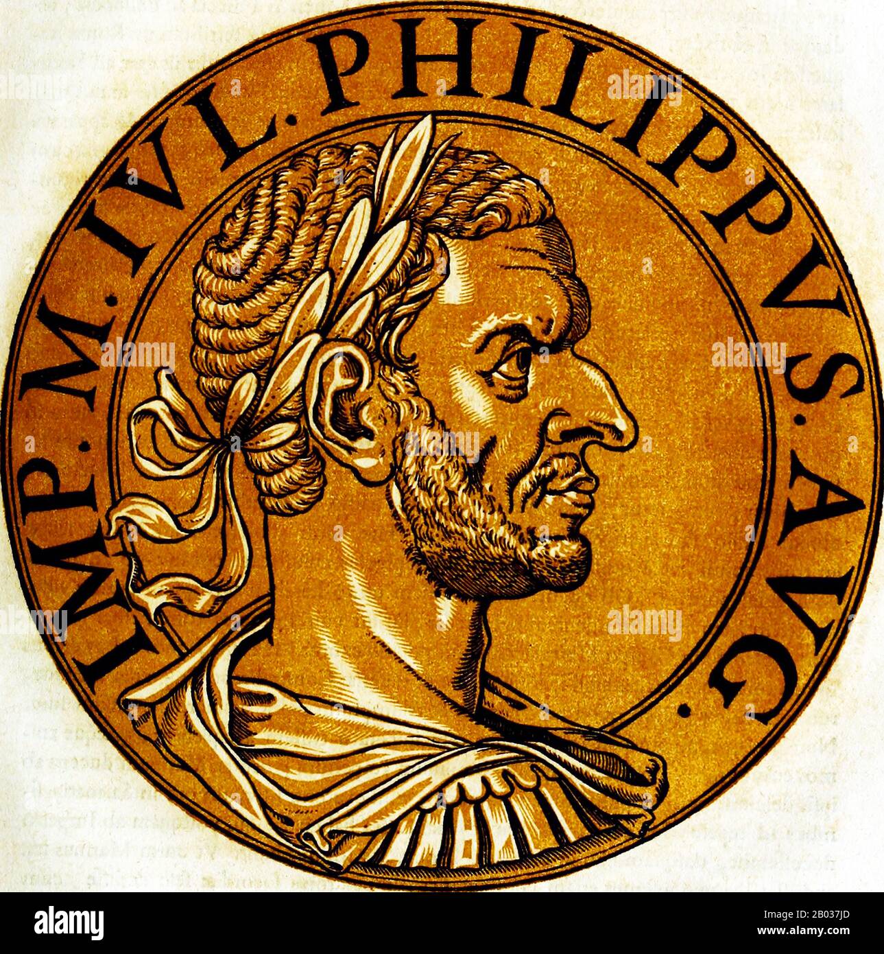 Marcus Julius Philippus (204-249 CE), comunemente noto come Philip the Arab, è nato nella provincia romana dell'Arabia, in quella che è ora la Siria. Durante gli ultimi anni del regno dell'imperatore Goridiano III, egli salì al potere a causa delle macchinazioni del fratello Gaio Giulio Prisci, che era un membro importante della Guardia Pretoriana. La morte di Gordian III nel 244 portò all'adesione di Filippo al trono imperiale. Concluse rapidamente un trattato di pace con Shapur i di Persia, dominatore dell'Impero Sassanide, e si precipitò a Roma per assicurarsi la sua posizione con il Senato romano. Roma ha celebrato il suo millesimo Foto Stock