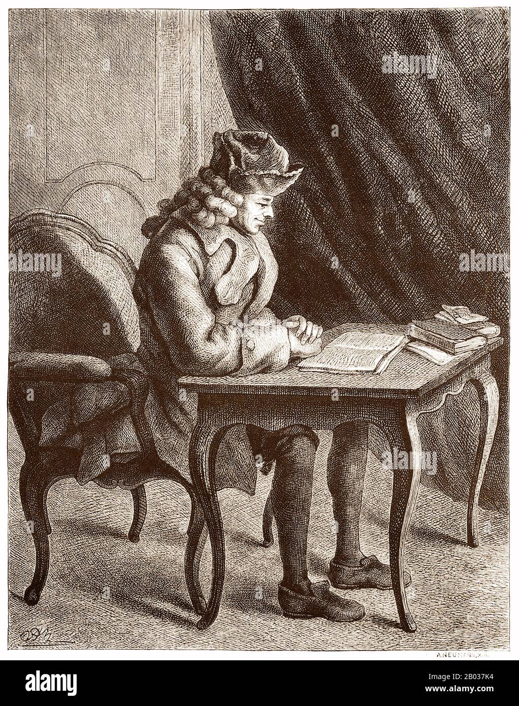 Francois-Marie Arouet (Parigi, 21 novembre 1694 – Parigi, 30 maggio 1778), più comunemente conosciuto dal suo nom de plume Voltaire, è stato uno storico, filosofo e scrittore dell'Illuminismo francese. Era famoso per il suo sostegno alla libertà di religione, la libertà di parola e la separazione tra chiesa e stato, spesso attaccando la Chiesa cattolica attraverso la sua intelligenza e i suoi scritti. Voltaire fu uno scrittore prolifico e versatile, con oltre 20.000 lettere e oltre 2.000 libri e opuscoli al suo nome, oltre a opere teatrali, poesie, saggi e opere storiche e scientifiche. Nonostante le severe leggi di censura del tempo, Voltaire spesso Foto Stock