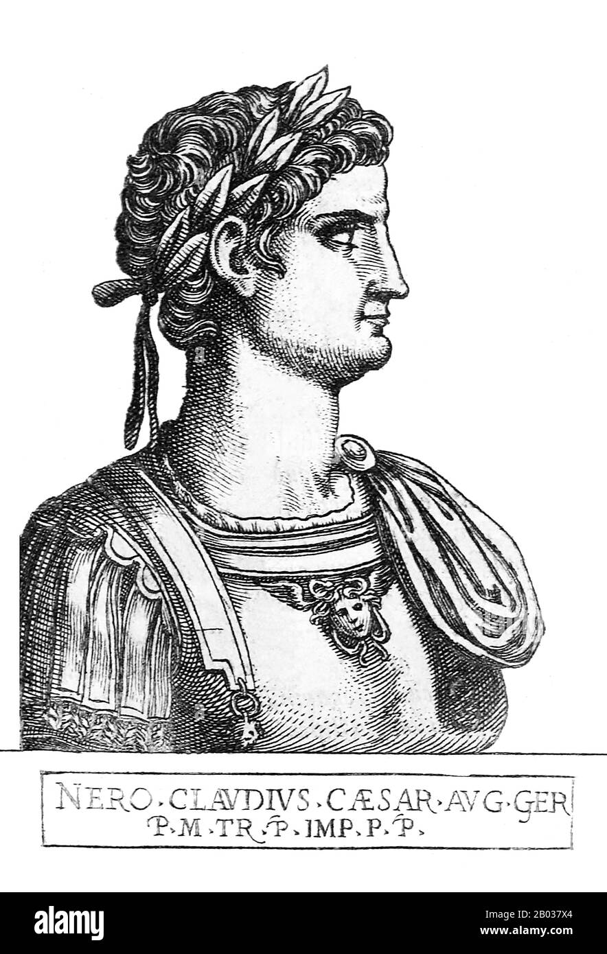 Nato Lucius Domitius Ahenobarbus, Nerone era l'unico figlio di Agrippina Il Giovane, che in seguito avrebbe sposato il suo grande zio imperatore Claudio. Claudius adottò Nero e fu nominato erede e successore accanto al figlio di Claudius, Brittanicus. Nerone aderì al trono dopo la morte di Claudio nel 54 d.C., forse avvelenato dalle mani della madre di Nerone. Il regno di Nerone è infame per la sua corruzione, tirannia e stravaganza, così come le sue molte esecuzioni, tra cui quella di sua madre e l'avvelenamento del suo fratellastro Britannicus subito dopo l'inizio del suo dominio. Il suo marchio più infame sulla storia, tuttavia, Foto Stock