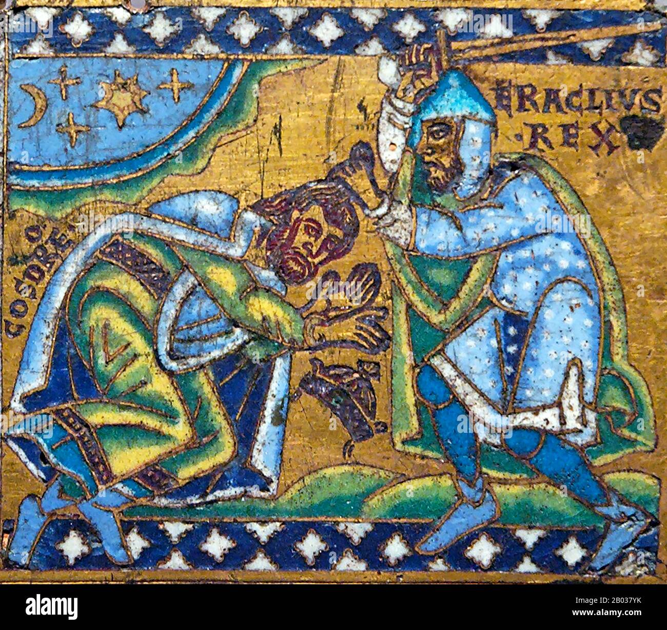 Heraclius (575-641) era figlio di Eraclio il Vecchio, esarca dell'Africa, che guidò una rivolta contro l'usurpatore imperatore Phocas, deponendolo nel 610. Heraclius divenne imperatore e fu subito costretto ad affrontare molteplici minacce su molte frontiere. Una delle frontiere principali fu la guerra bizantina-sassanide del 602-628 contro il re Khosrau II e l'Impero Sassanide. I Sassanidi riuscirono a combattere fino alle mura di Costantinopoli prima di non riuscire a penetrarli, permettendo a Eraclio di contrattaccare e guidarli fino in fondo nella capitale di Ctesifone. Khosrau fu giustiziato da suo figlio Foto Stock