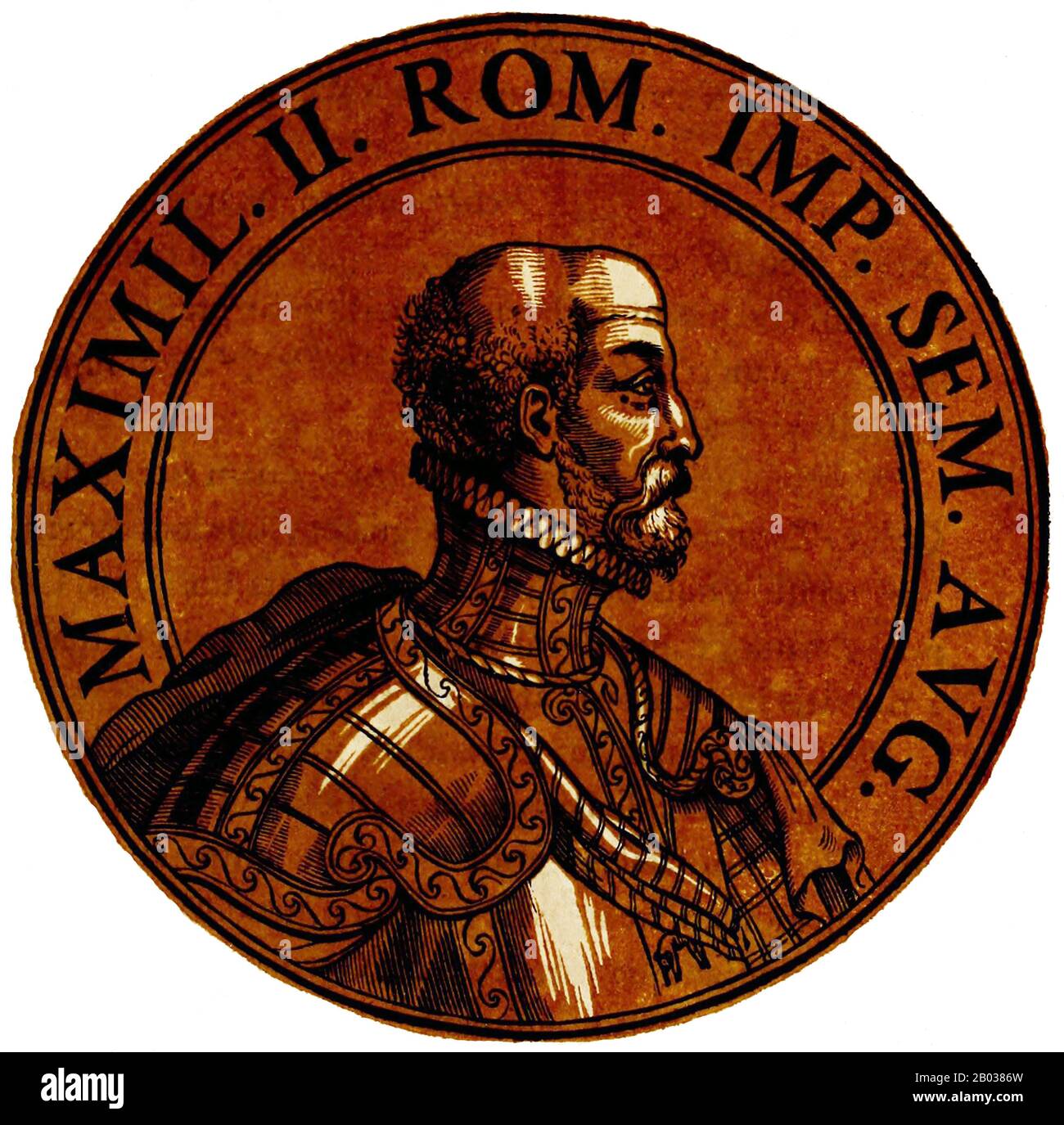 Massimiliano II (1527-1576) fu figlio dell'imperatore Ferdinando I. durante le Guerre Italiane nel 1544, così come la Guerra di Schmalkadic. Suo zio, l'imperatore Carlo V, lo fece sposare suo cugino e la figlia di Carlo Maria di Spagna nel 1548, e Massimiliano agì temporaneamente come rappresentante dell'imperatore in Spagna. Le questioni di successione presto videro un disturbo tra i rami tedeschi e spagnoli della dinastia degli Asburgo, e si sospettate che Massimiliano fu avvelenato nel 1552 da coloro che erano in lega con suo cugino e cognato Filippo II Il rapporto tra Massimiliano e suo cugino Foto Stock