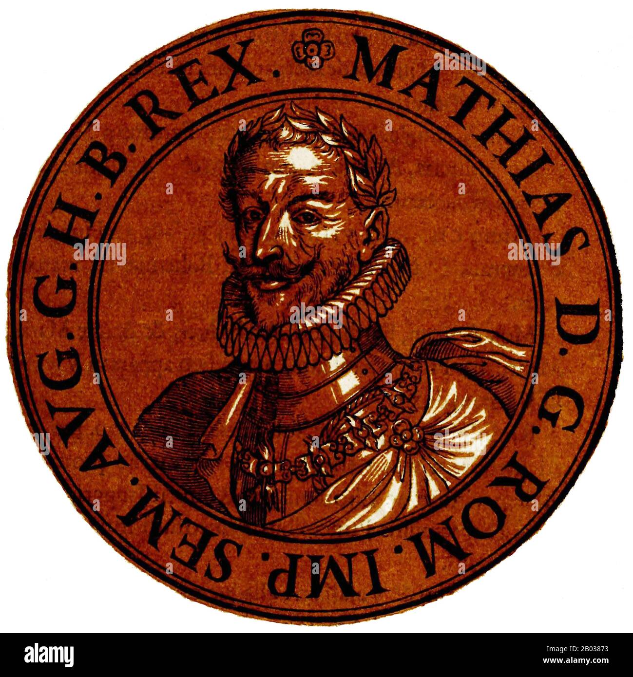 Matthias (1557-1619) era figlio dell'imperatore Massimiliano II e fratello minore dell'imperatore Rodolfo II Sposò il cugino, l'Arciduchessa Anna d'Austria, divenendo successore di suo zio, l'Arciduca Ferdinando II Fu invitato nei Paesi Bassi dalle province ribelli e offrì la posizione di Governatore Generale nel 1578, che accettò nonostante le proteste dello zio, re Filippo II di Spagna. Matthias aiutò a stabilire le regole per la pace religiosa e la libertà di religione, e tornò a casa solo nel 1581 dopo che i Paesi Bassi deposarono Filippo II a diventare completamente indipendenti. Egli becam Foto Stock