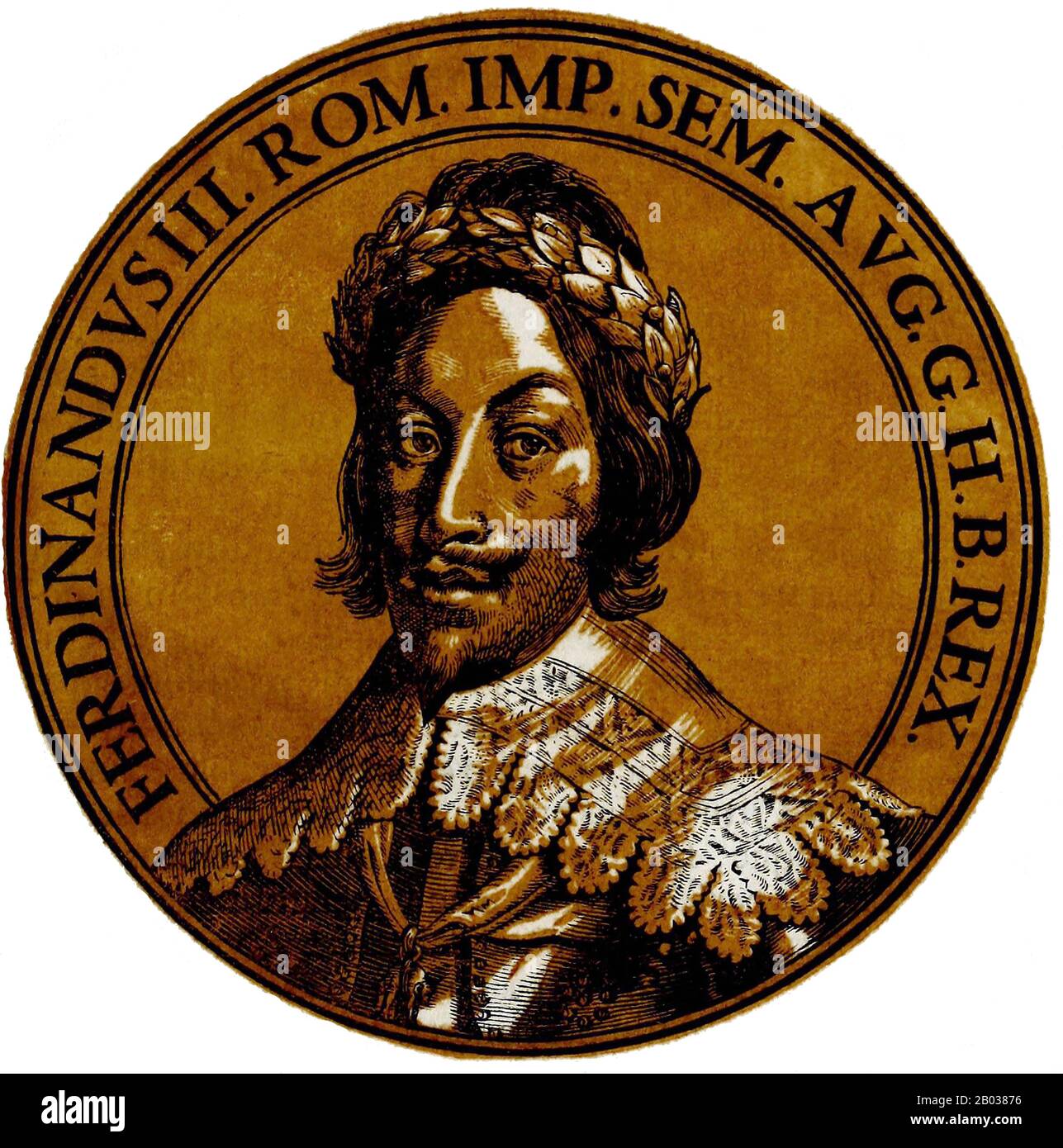 Ferdinando III (1608-1657) era il figlio maggiore dell'imperatore Ferdinando II Divenne Arciduca d'Austria nel 1621, re d'Ungheria nel 1625 e re di Boemia nel 1627. Ferdinando fu nominato capo dell'esercito imperiale nel 1634 durante La Guerra Dei Trent'Anni, ed era vitale nella negoziazione della Pace di Praga nel 1635, lo stesso anno fu eletto Re di Germania. Quando suo padre morì nel 1637, gli succedette come Sacro Romano Imperatore. Come imperatore, Ferdinando desiderava la pace con la Francia e la Svezia, ma la guerra si trascinerebbe per altri 11 anni, terminando infine con la firma della pace della Westfali Foto Stock