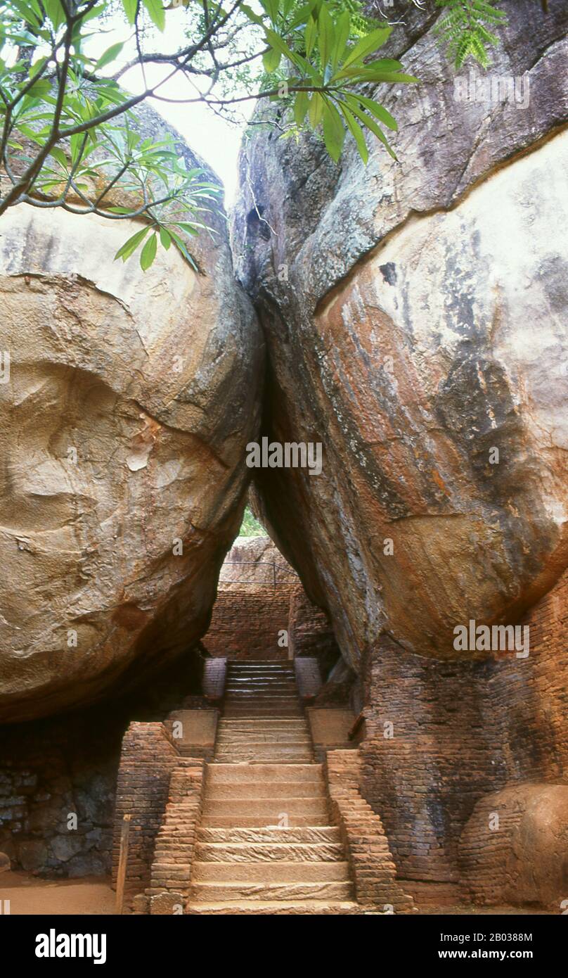 Sigiriya (roccia del Leone) è un'antica fortezza di roccia e rovine del palazzo situato nel distretto centrale di Matale, nello Sri Lanka, circondato dai resti di una vasta rete di giardini, serbatoi e altre strutture. Sigiriya fu costruita durante il regno di Re Kasyapa i (CE 477 – 495) e dopo la sua morte fu usata come monastero buddista fino al 14th secolo. Foto Stock